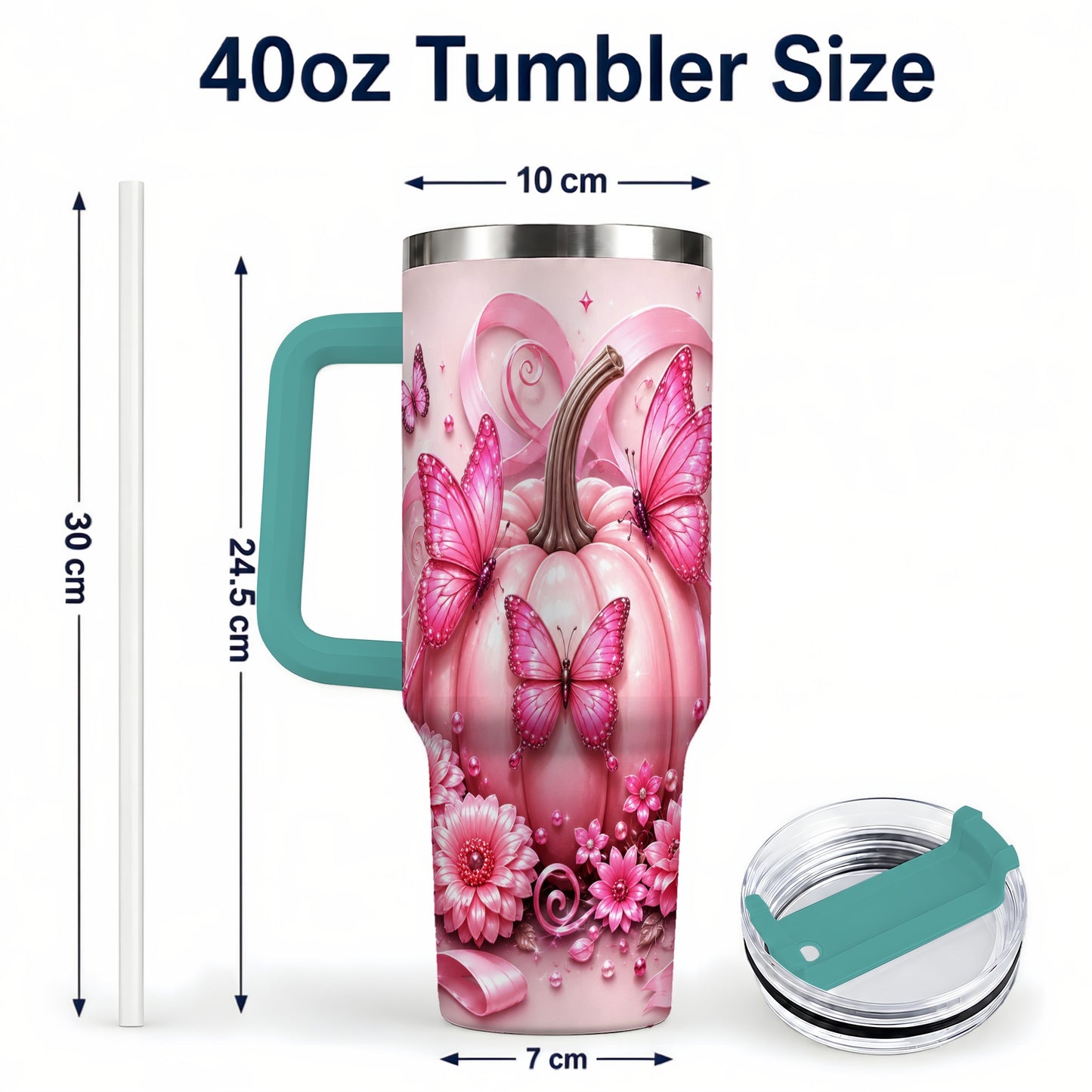 #pl[40oz|Green] Butterfly Pumpkin 40oz Tumbler with Handle, Floral Stainless Steel Cup