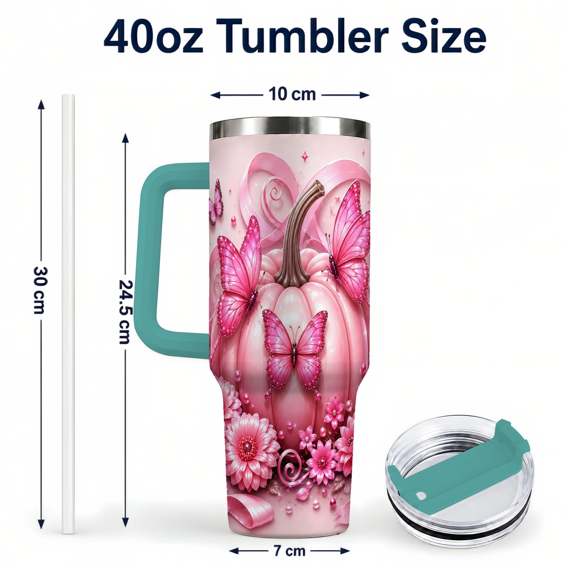 #pl[40oz|Green] Butterfly Pumpkin 40oz Tumbler with Handle, Floral Stainless Steel Cup