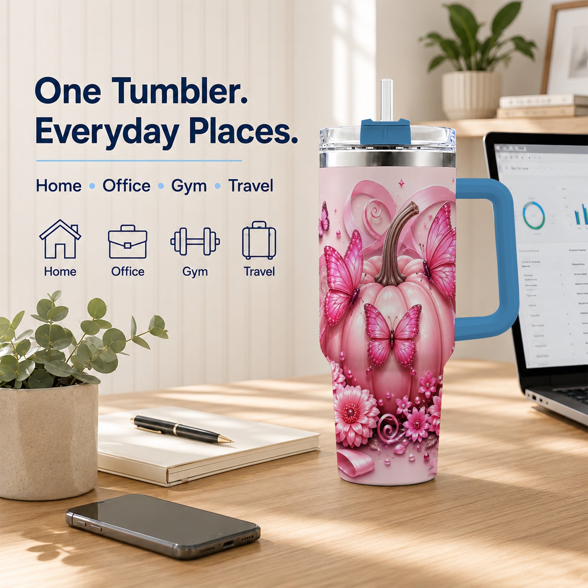 #pl[40oz|Blue] Butterfly Pumpkin 40oz Tumbler with Handle, Floral Stainless Steel Cup