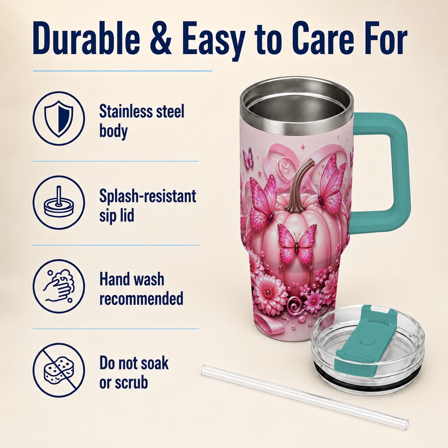 #pl[40oz|Green] Butterfly Pumpkin 40oz Tumbler with Handle, Floral Stainless Steel Cup