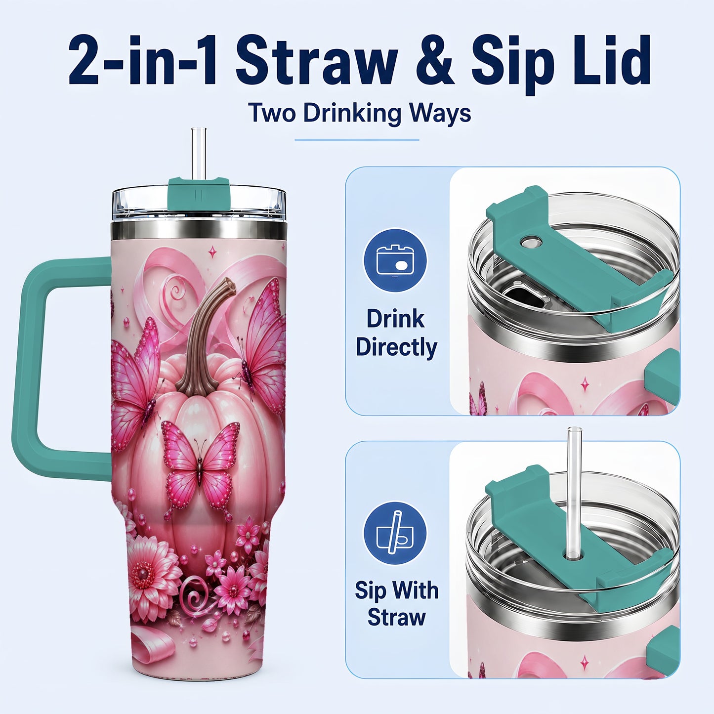 #pl[40oz|Green] Butterfly Pumpkin 40oz Tumbler with Handle, Floral Stainless Steel Cup