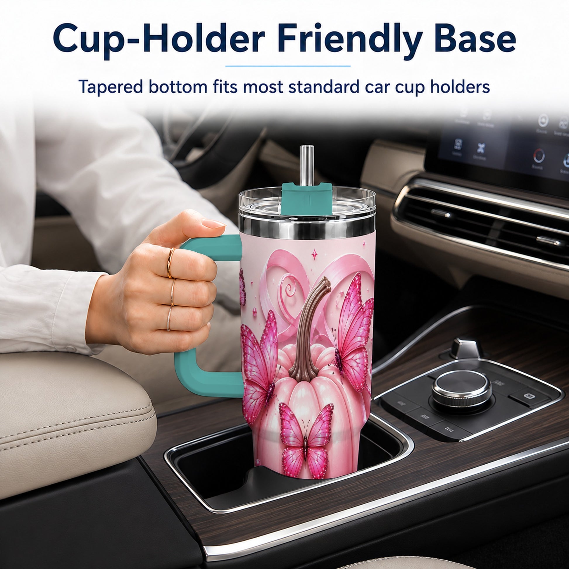 #pl[40oz|Green] Butterfly Pumpkin 40oz Tumbler with Handle, Floral Stainless Steel Cup