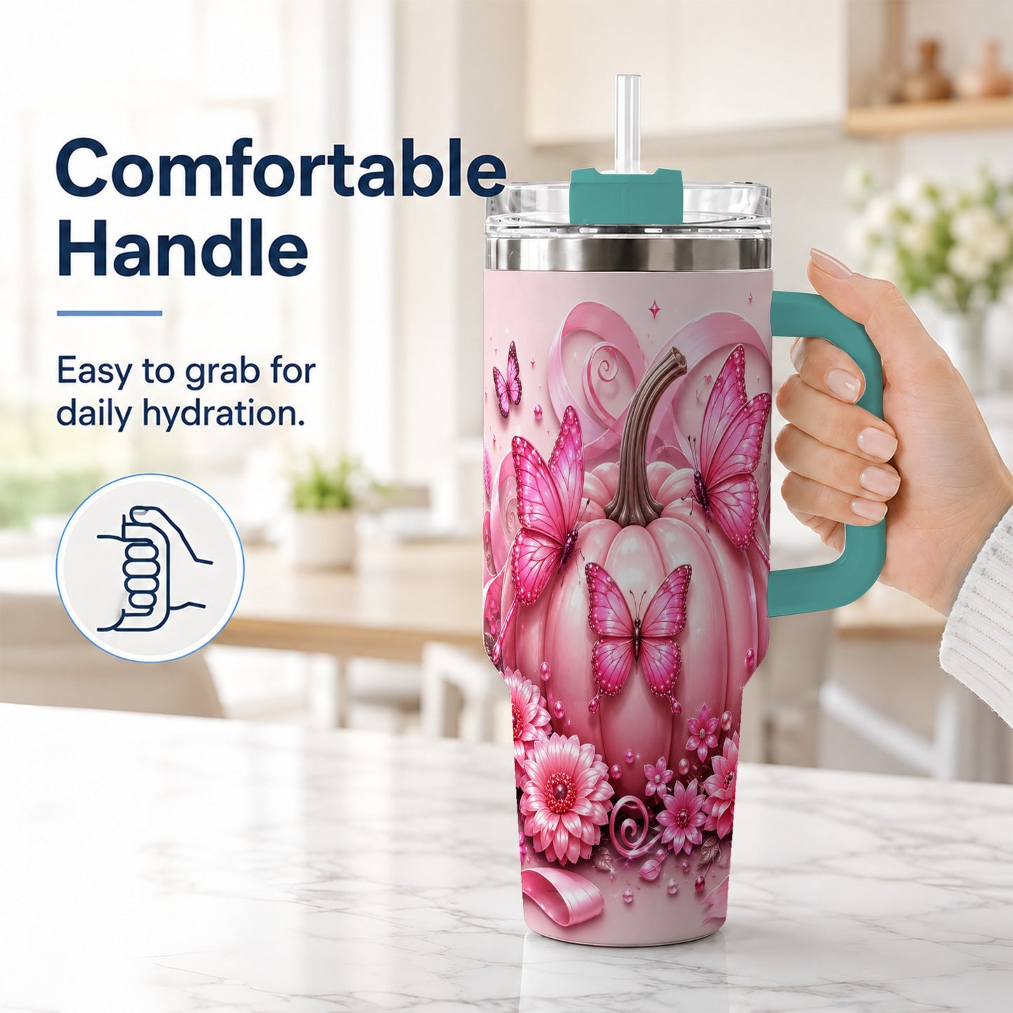 #pl[40oz|Green] Butterfly Pumpkin 40oz Tumbler with Handle, Floral Stainless Steel Cup