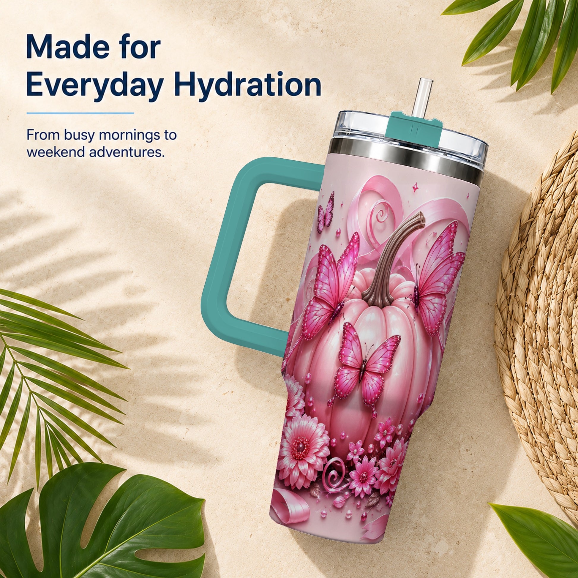 #pl[40oz|Green] Butterfly Pumpkin 40oz Tumbler with Handle, Floral Stainless Steel Cup