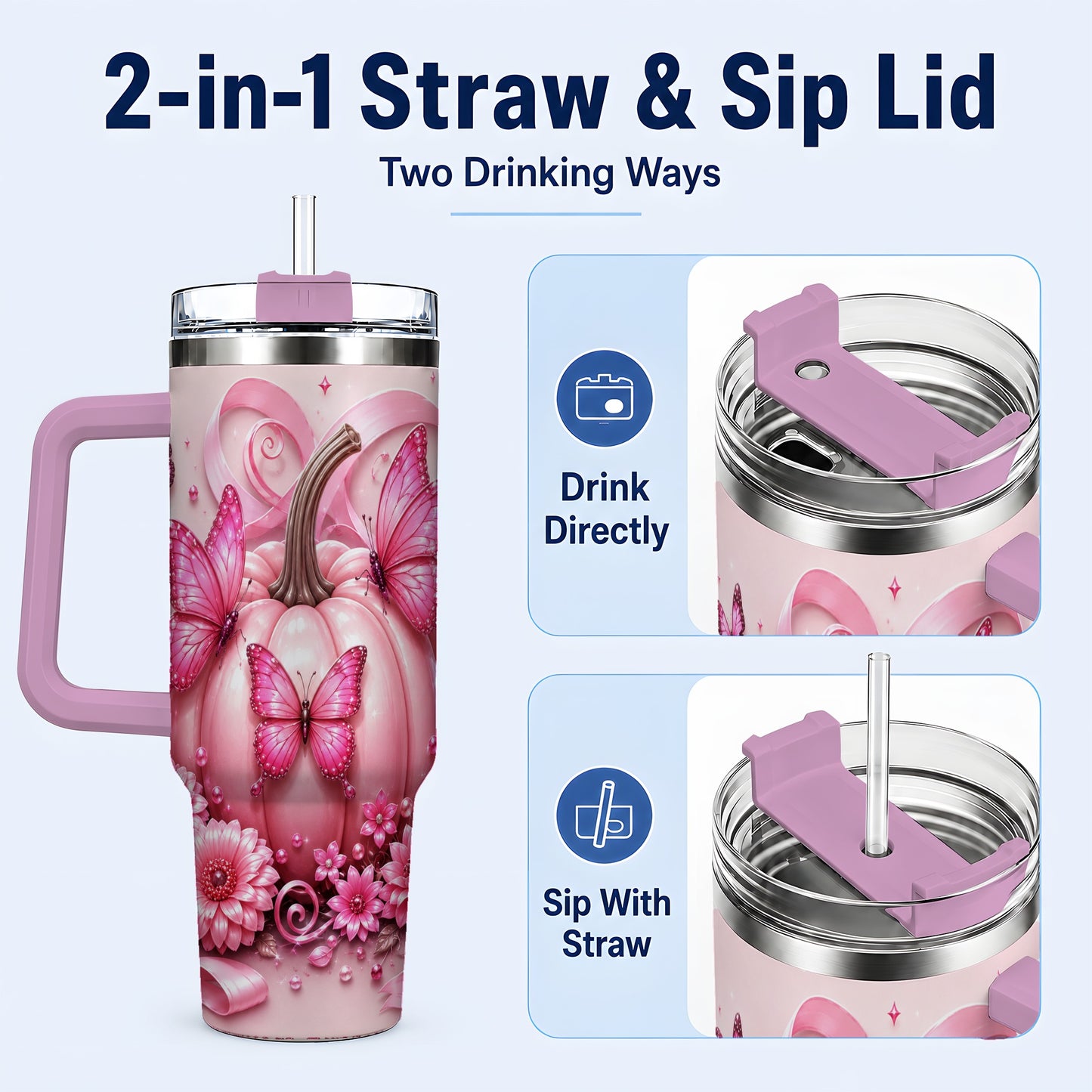 #pl[40oz|Pink] Butterfly Pumpkin 40oz Tumbler with Handle, Floral Stainless Steel Cup