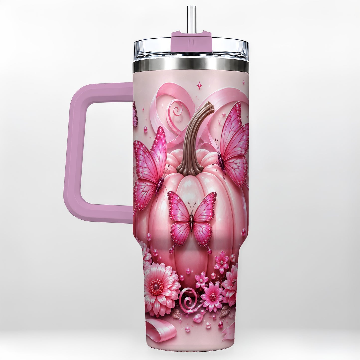 #pl[40oz|Pink] Butterfly Pumpkin 40oz Tumbler with Handle, Floral Stainless Steel Cup