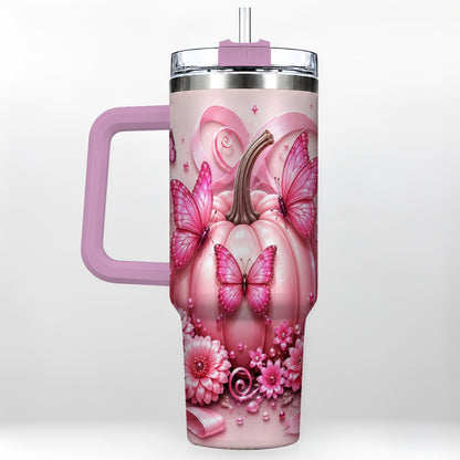 #pl[40oz|Pink] Butterfly Pumpkin 40oz Tumbler with Handle, Floral Stainless Steel Cup