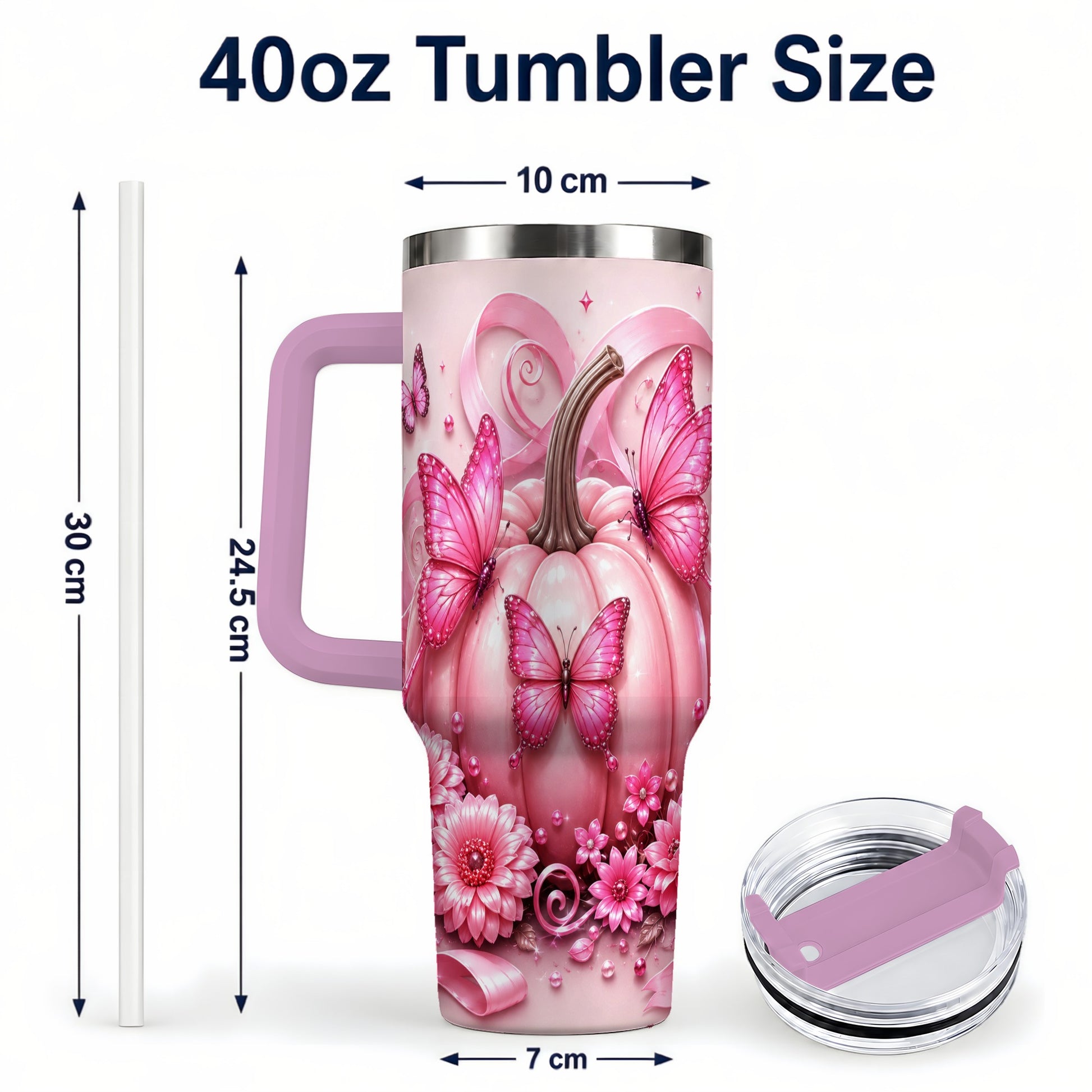 #pl[40oz|Pink] Butterfly Pumpkin 40oz Tumbler with Handle, Floral Stainless Steel Cup