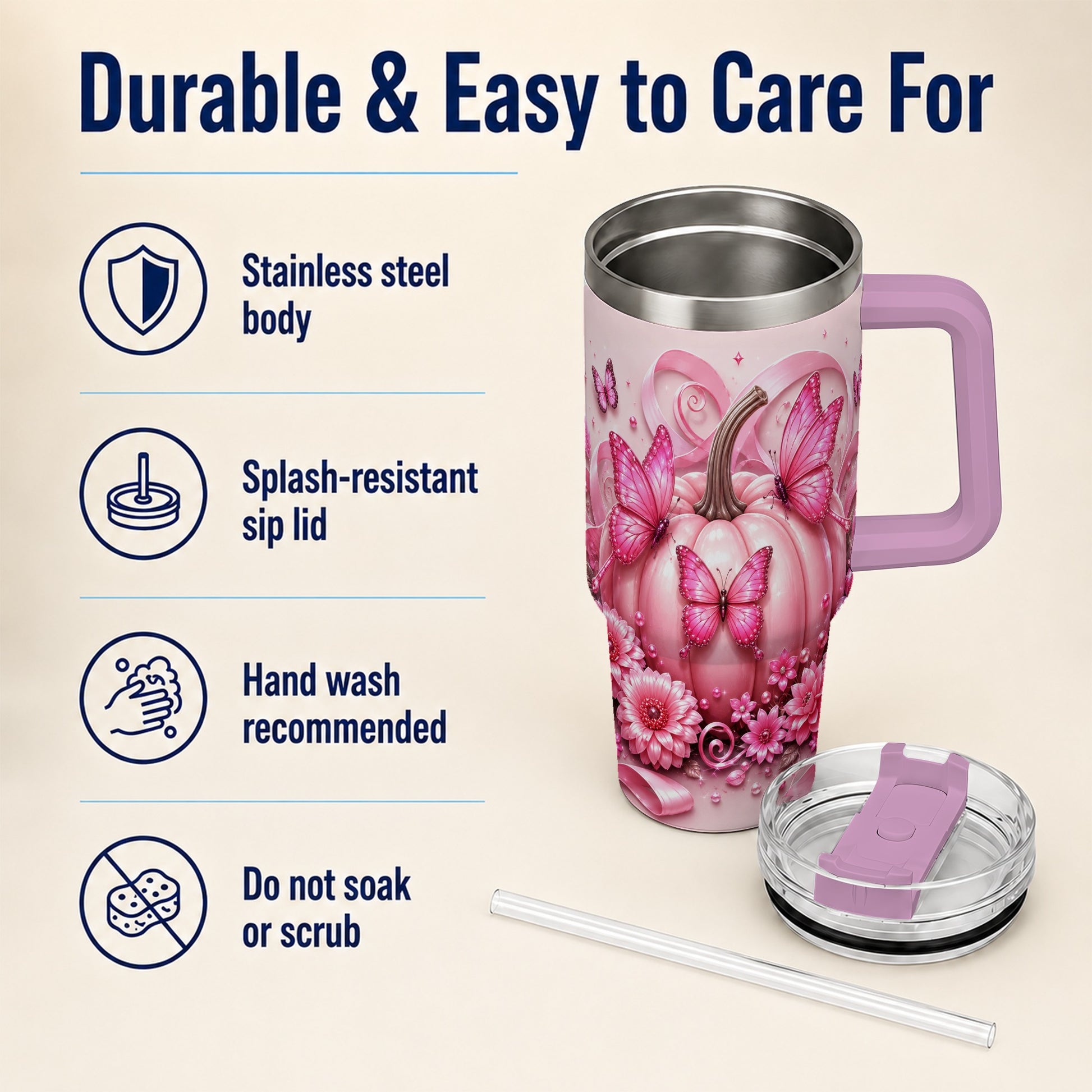 #pl[40oz|Pink] Butterfly Pumpkin 40oz Tumbler with Handle, Floral Stainless Steel Cup