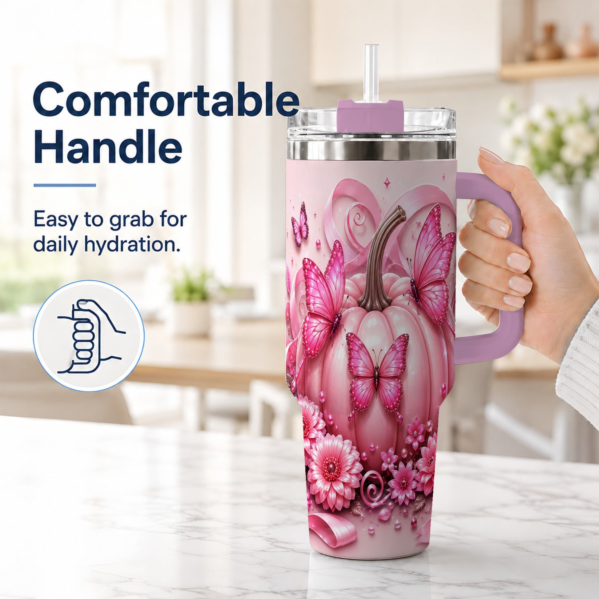 #pl[40oz|Pink] Butterfly Pumpkin 40oz Tumbler with Handle, Floral Stainless Steel Cup