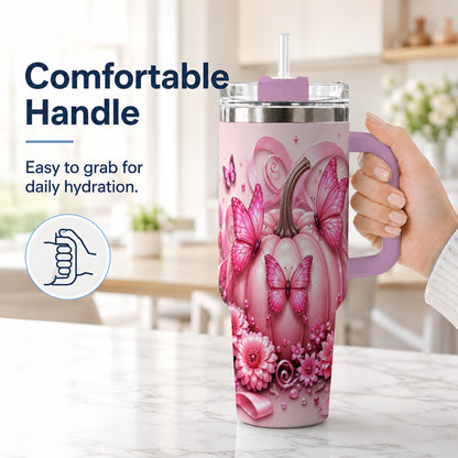 #pl[40oz|Pink] Butterfly Pumpkin 40oz Tumbler with Handle, Floral Stainless Steel Cup