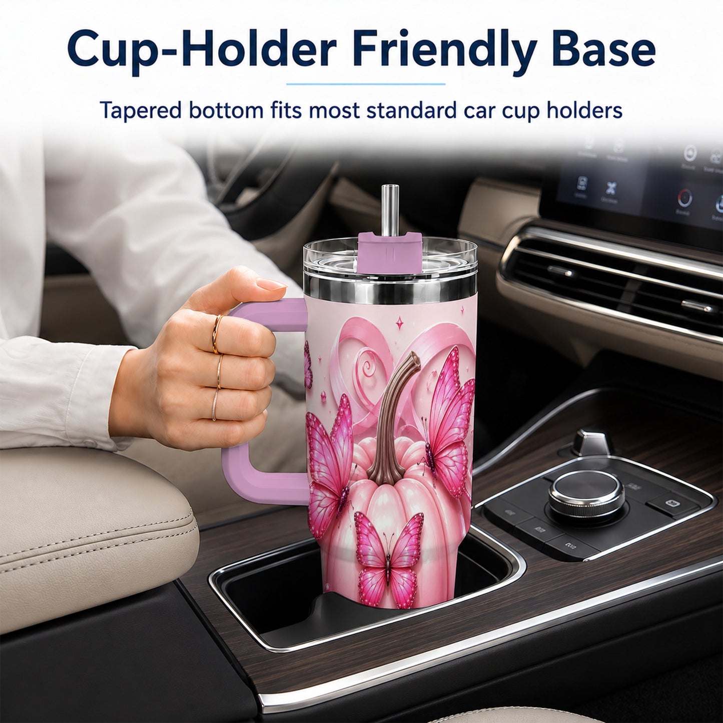 #pl[40oz|Pink] Butterfly Pumpkin 40oz Tumbler with Handle, Floral Stainless Steel Cup