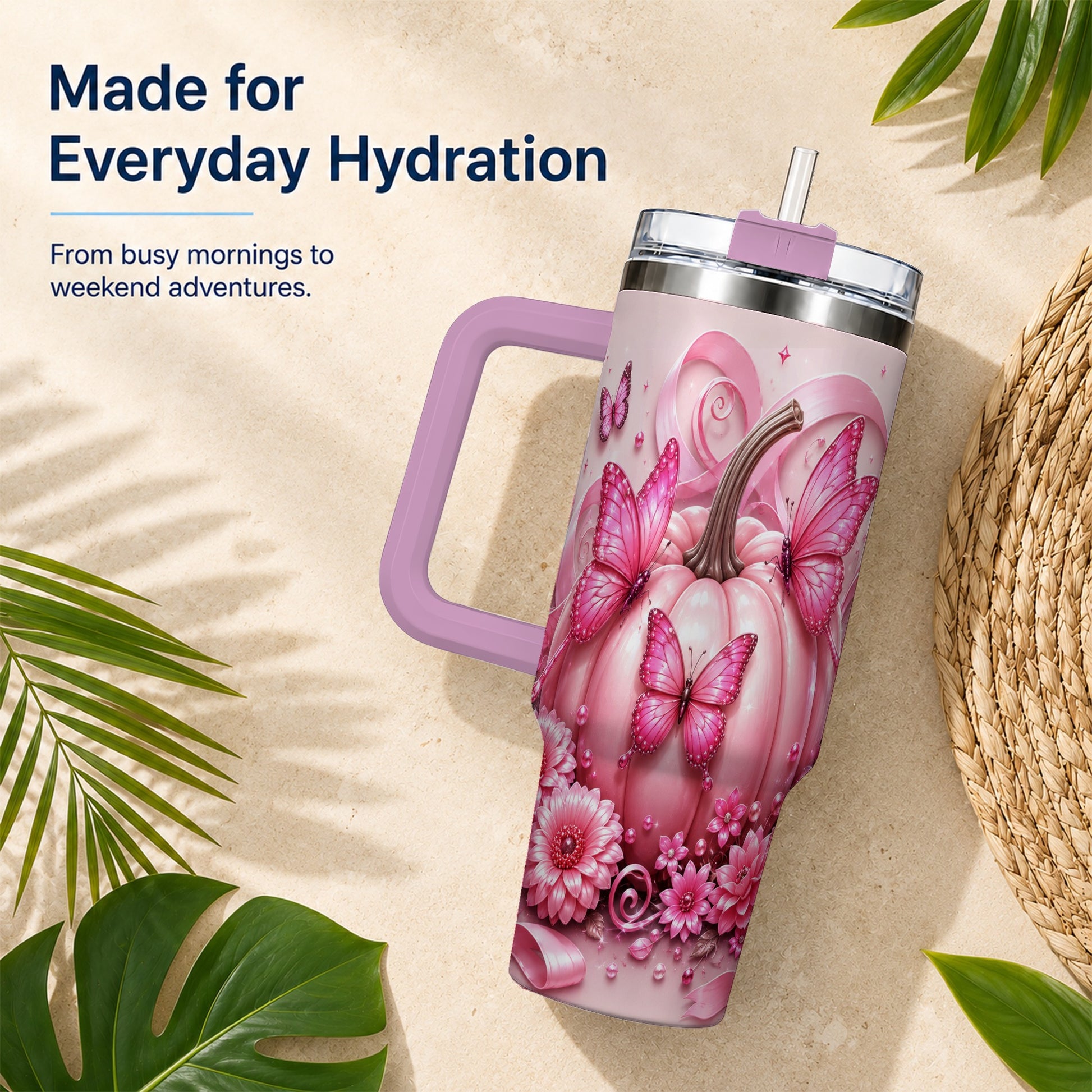 #pl[40oz|Pink] Butterfly Pumpkin 40oz Tumbler with Handle, Floral Stainless Steel Cup