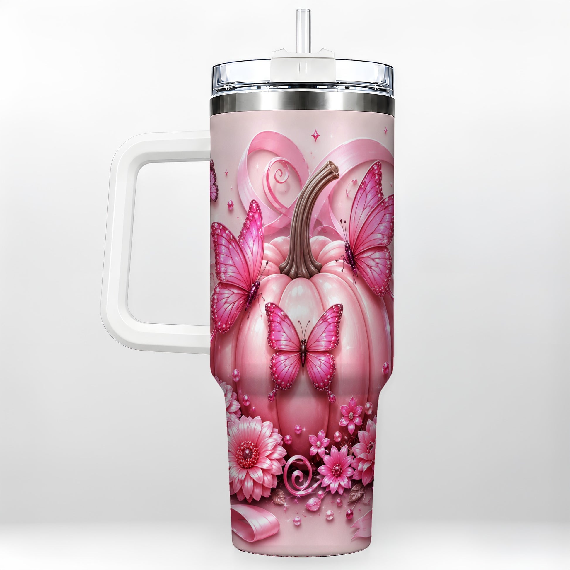 #pl[40oz|White] Butterfly Pumpkin 40oz Tumbler with Handle, Floral Stainless Steel Cup