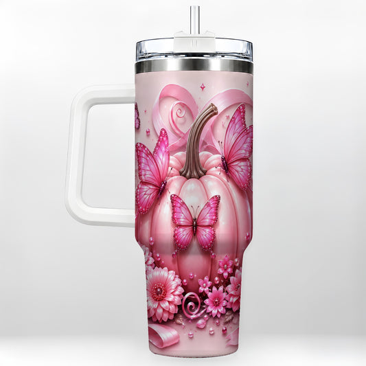 #pl[40oz|White] Butterfly Pumpkin 40oz Tumbler with Handle, Floral Stainless Steel Cup