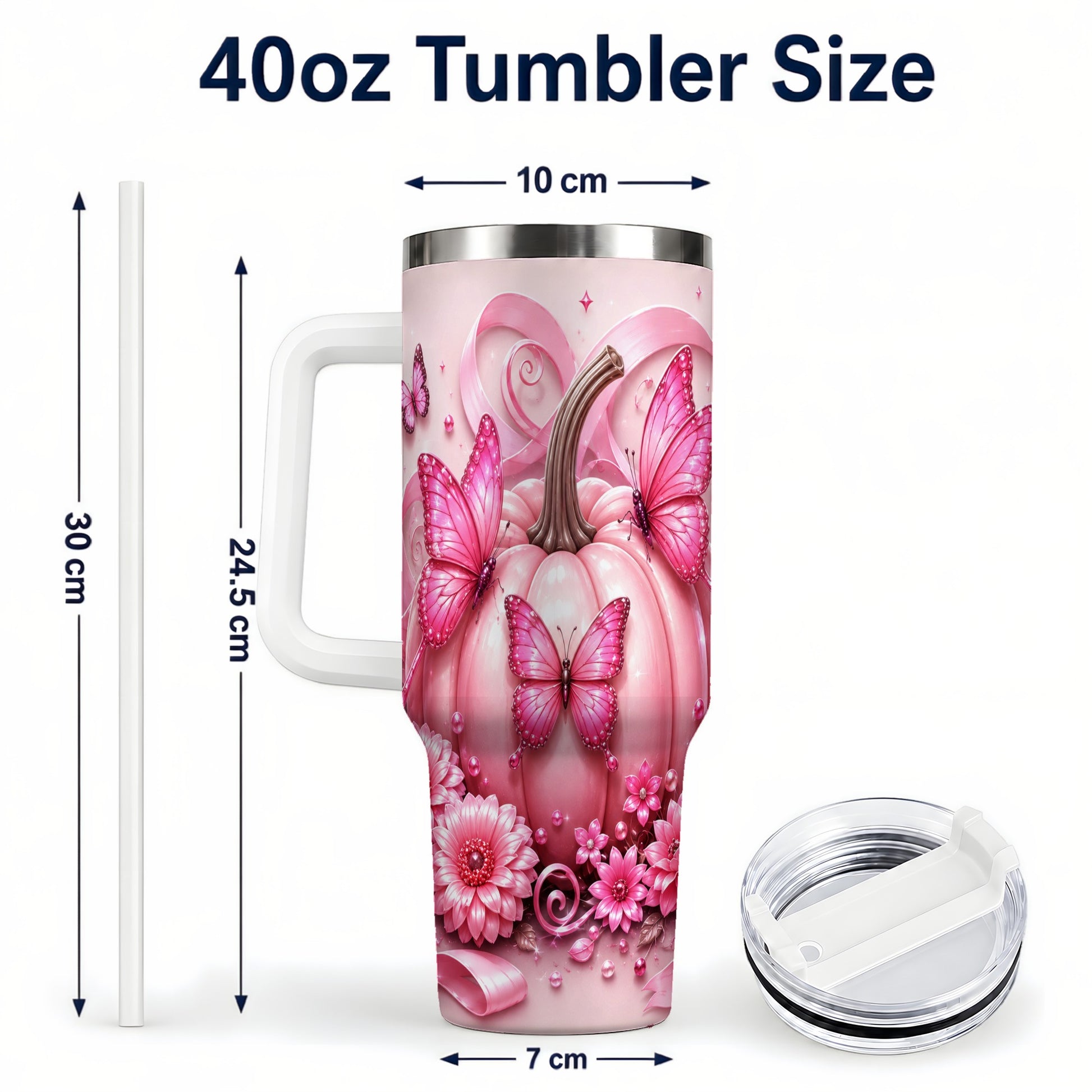 #pl[40oz|White] Butterfly Pumpkin 40oz Tumbler with Handle, Floral Stainless Steel Cup