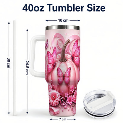 #pl[40oz|White] Butterfly Pumpkin 40oz Tumbler with Handle, Floral Stainless Steel Cup