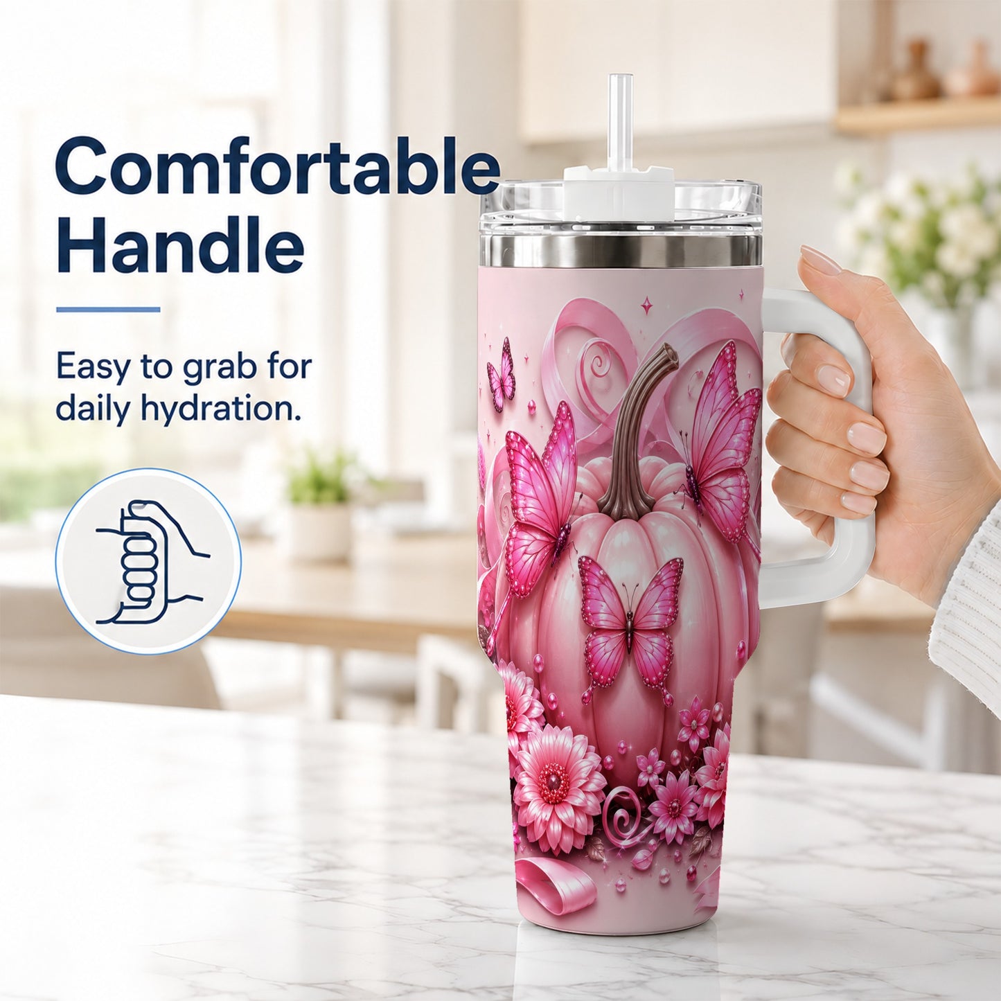 #pl[40oz|White] Butterfly Pumpkin 40oz Tumbler with Handle, Floral Stainless Steel Cup