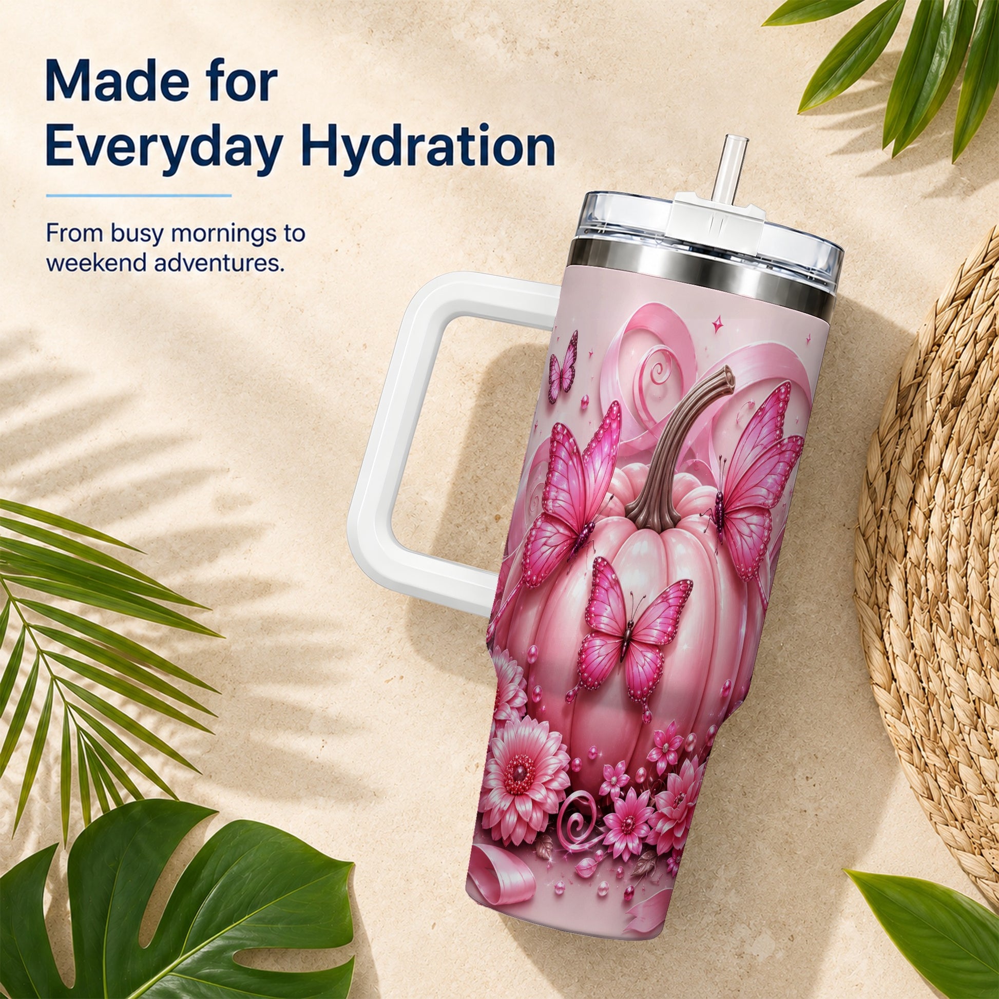 #pl[40oz|White] Butterfly Pumpkin 40oz Tumbler with Handle, Floral Stainless Steel Cup
