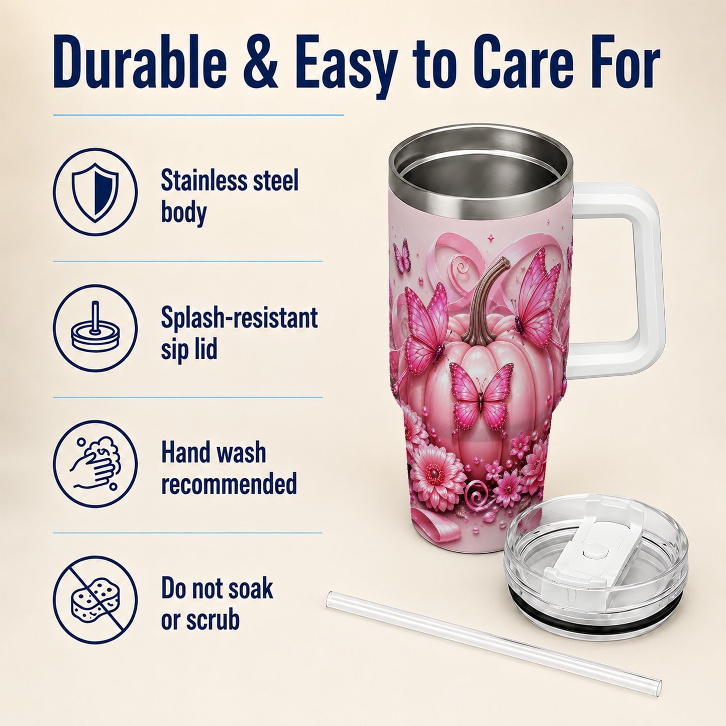 #pl[40oz|White] Butterfly Pumpkin 40oz Tumbler with Handle, Floral Stainless Steel Cup