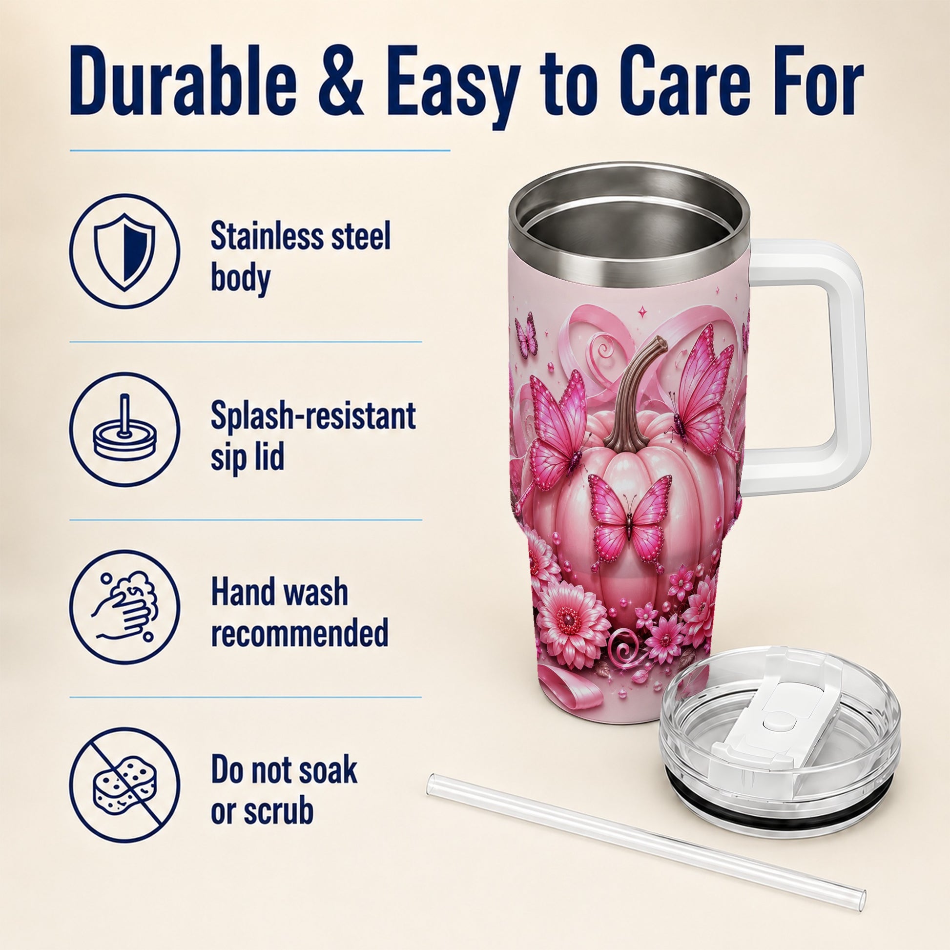 #pl[40oz|White] Butterfly Pumpkin 40oz Tumbler with Handle, Floral Stainless Steel Cup