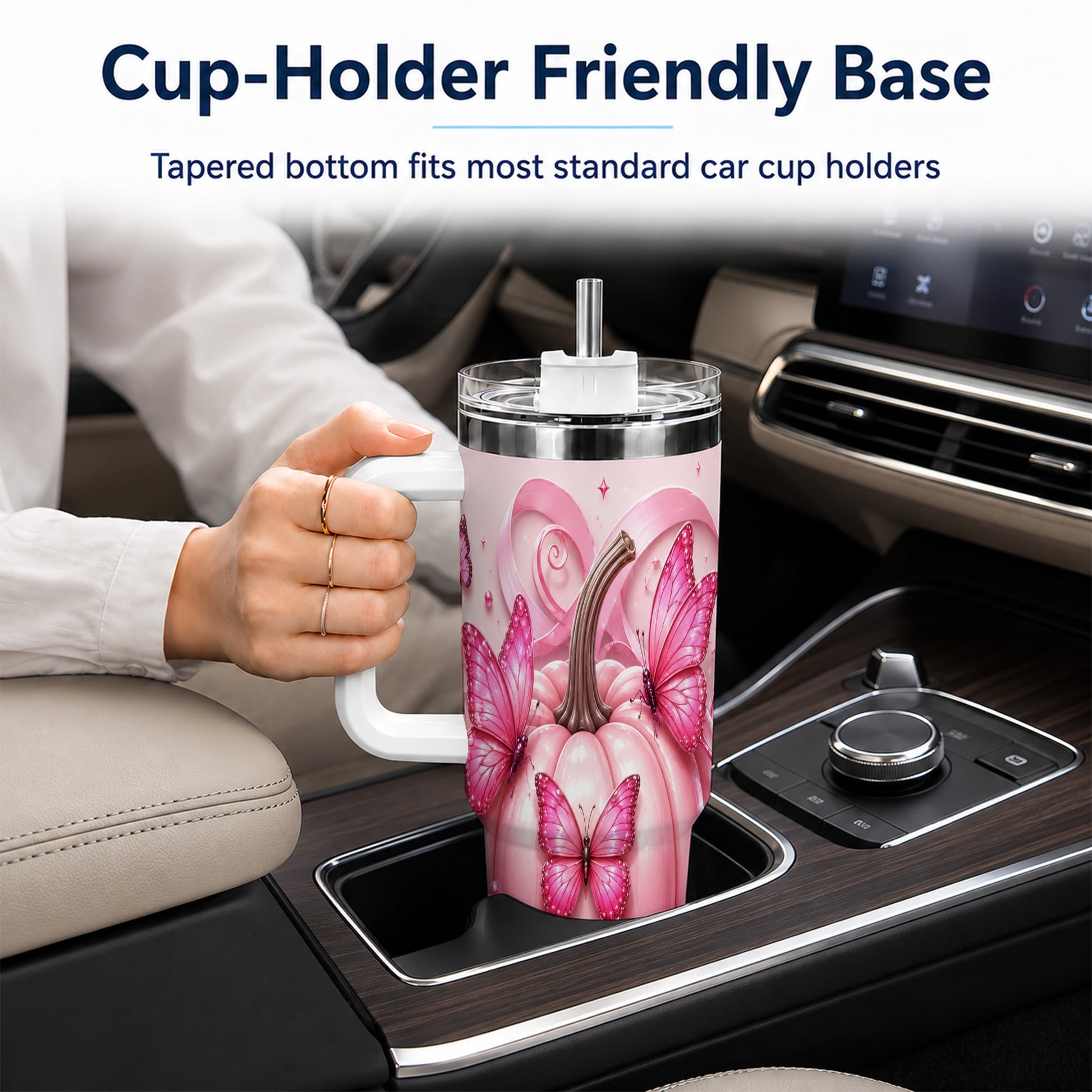 #pl[40oz|White] Butterfly Pumpkin 40oz Tumbler with Handle, Floral Stainless Steel Cup