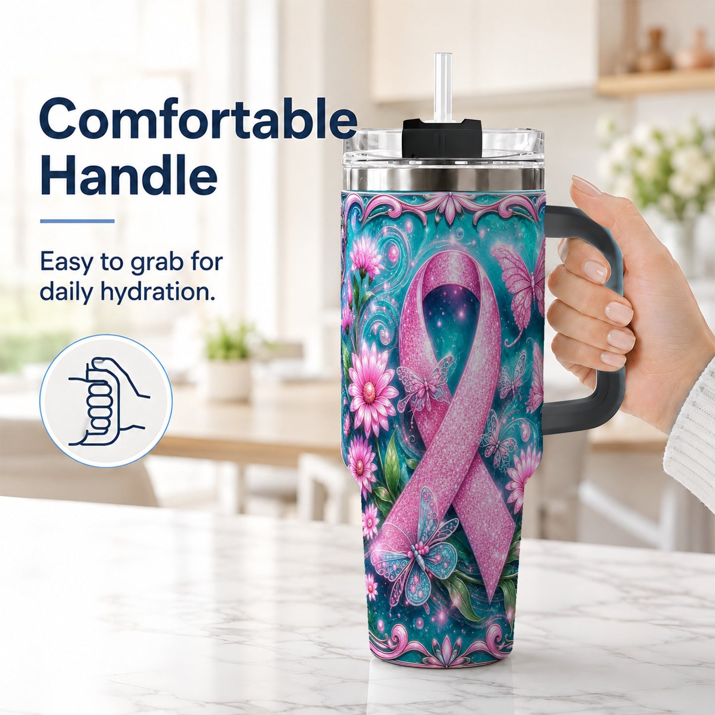 #pl[40oz|Black] Awareness Ribbon Butterfly 40oz Tumbler with Handle, Stainless Steel Cup