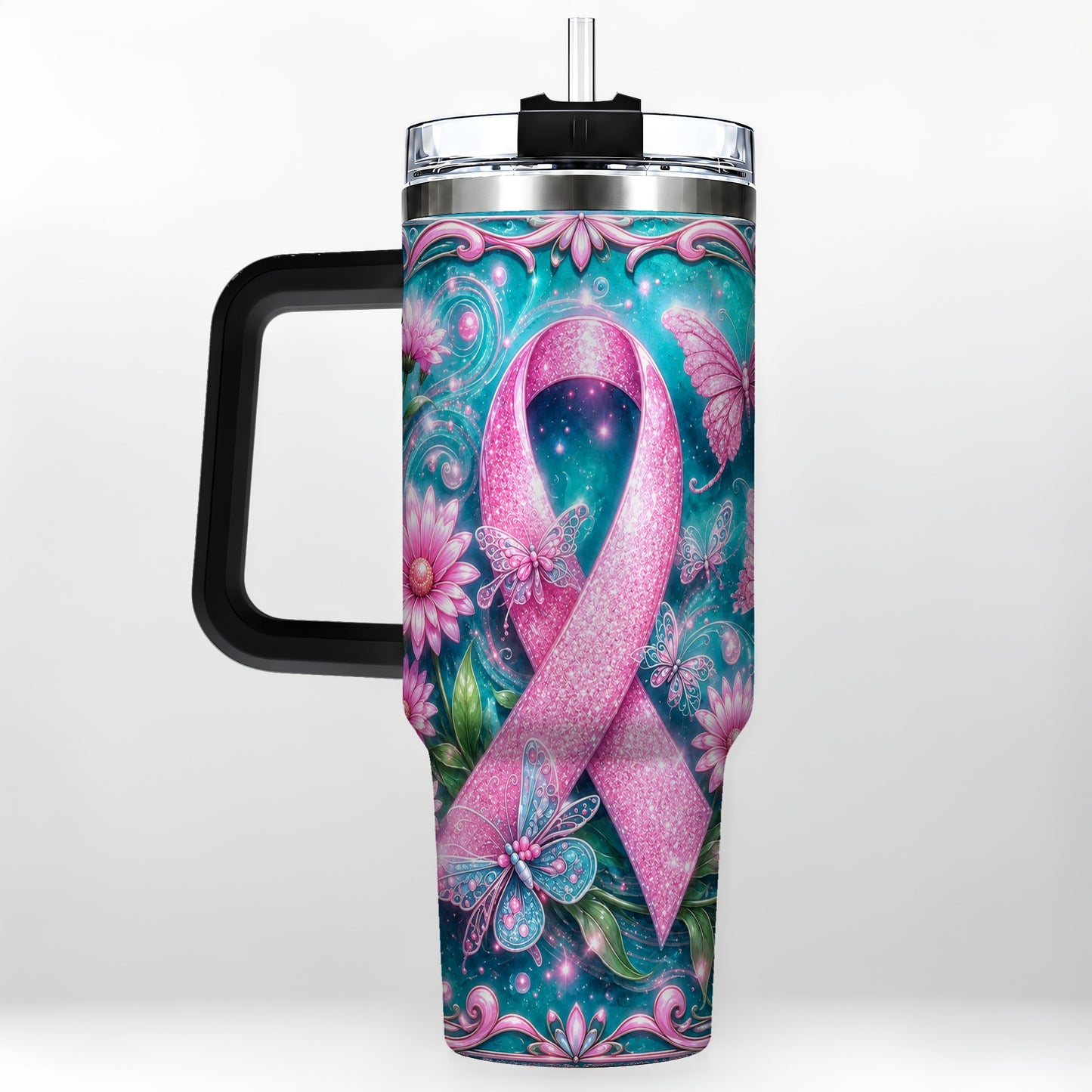 #pl[40oz|Black] Awareness Ribbon Butterfly 40oz Tumbler with Handle, Stainless Steel Cup
