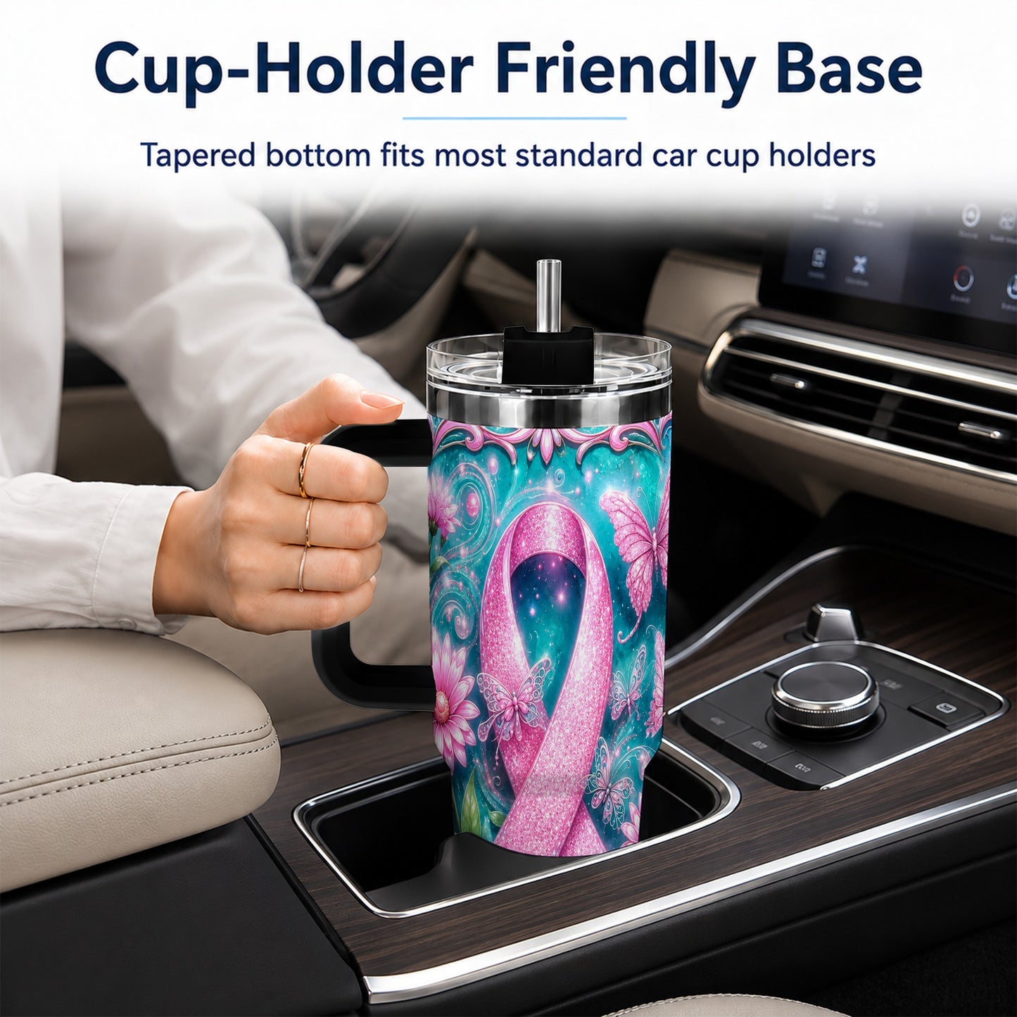 #pl[40oz|Black] Awareness Ribbon Butterfly 40oz Tumbler with Handle, Stainless Steel Cup