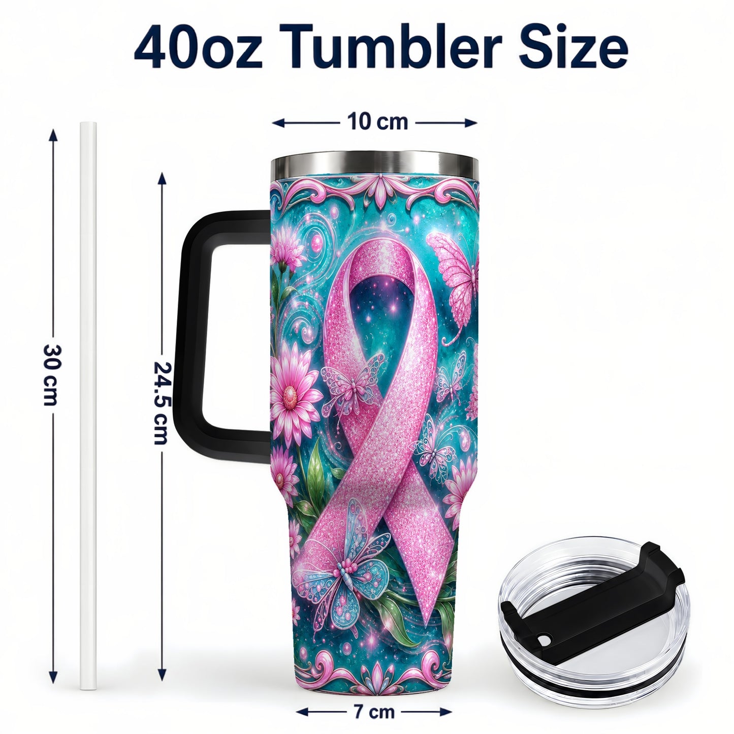 #pl[40oz|Black] Awareness Ribbon Butterfly 40oz Tumbler with Handle, Stainless Steel Cup