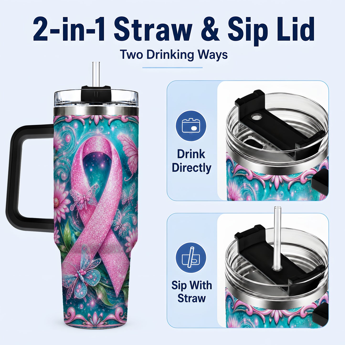 #pl[40oz|Black] Awareness Ribbon Butterfly 40oz Tumbler with Handle, Stainless Steel Cup