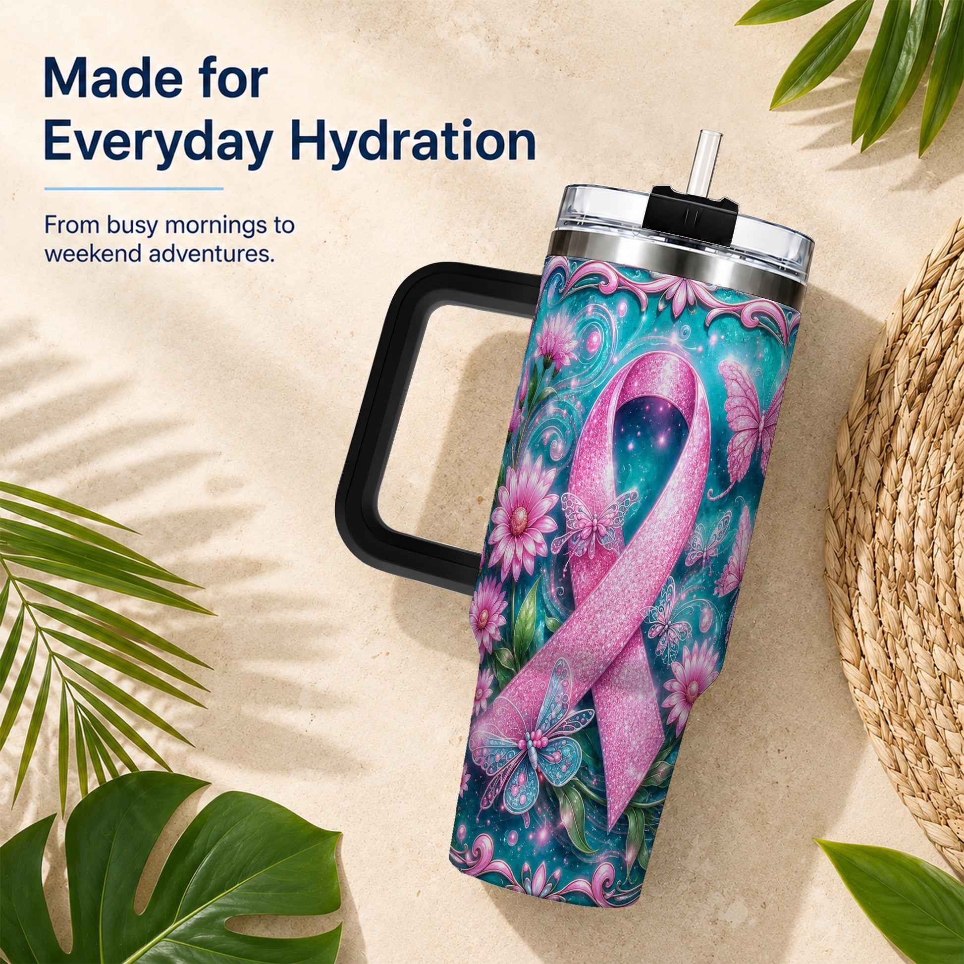 #pl[40oz|Black] Awareness Ribbon Butterfly 40oz Tumbler with Handle, Stainless Steel Cup