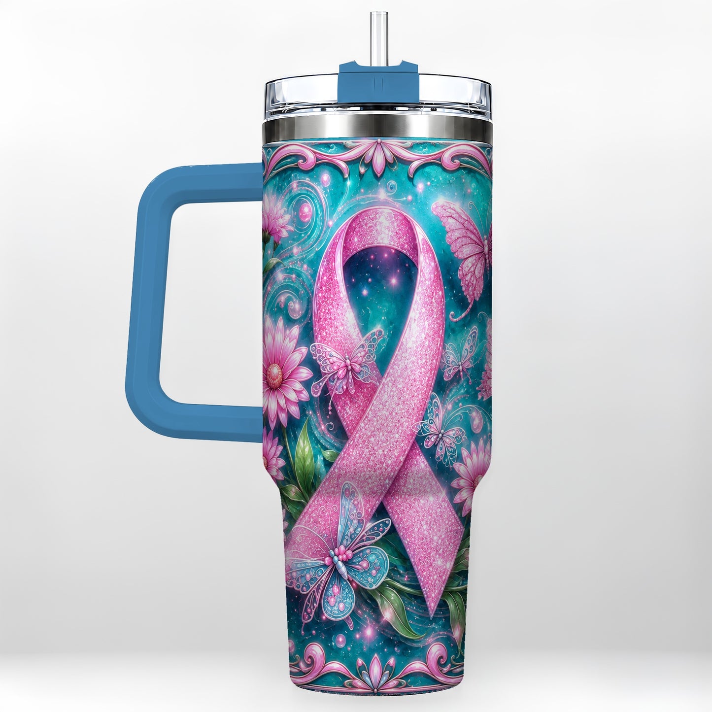 #pl[40oz|Blue] Awareness Ribbon Butterfly 40oz Tumbler with Handle, Stainless Steel Cup