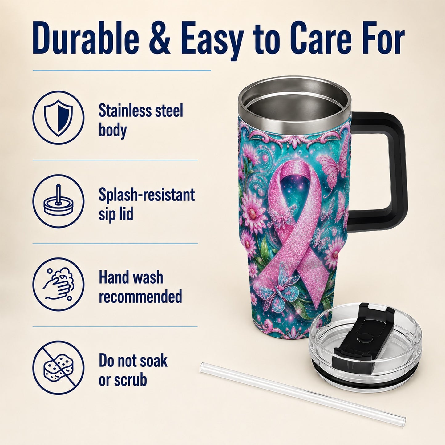 #pl[40oz|Black] Awareness Ribbon Butterfly 40oz Tumbler with Handle, Stainless Steel Cup