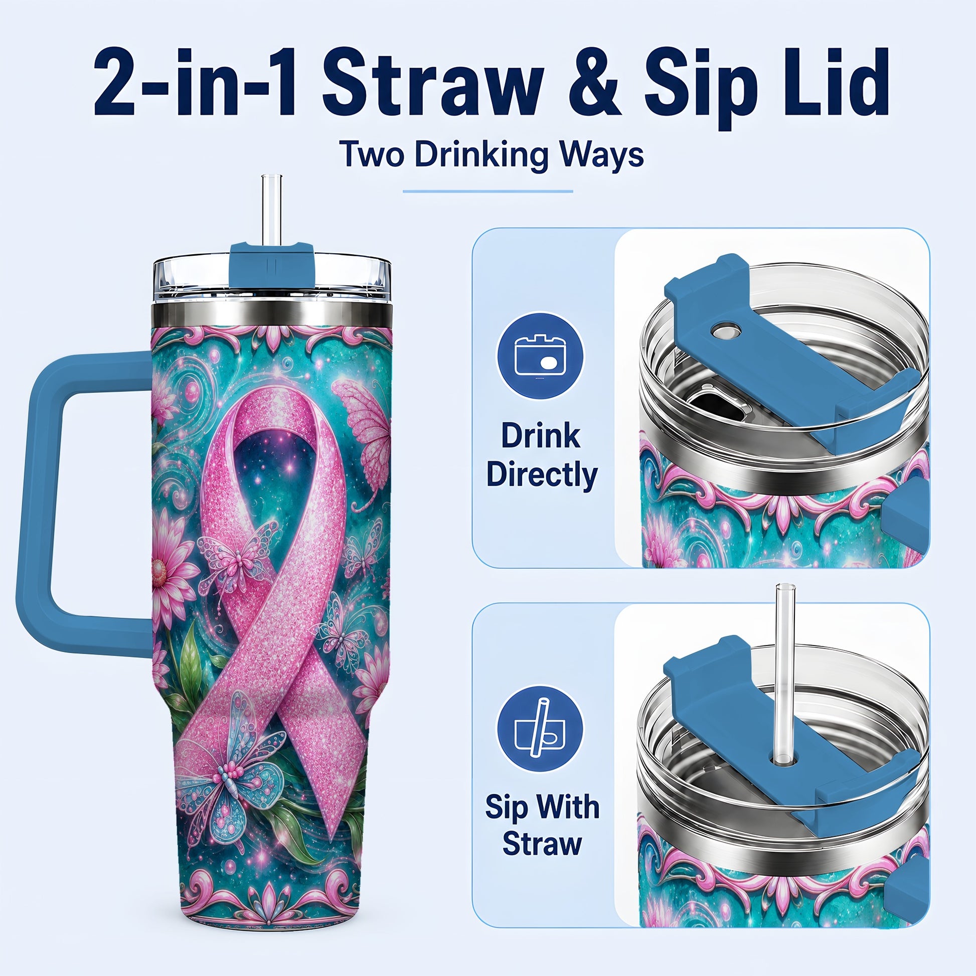 #pl[40oz|Blue] Awareness Ribbon Butterfly 40oz Tumbler with Handle, Stainless Steel Cup