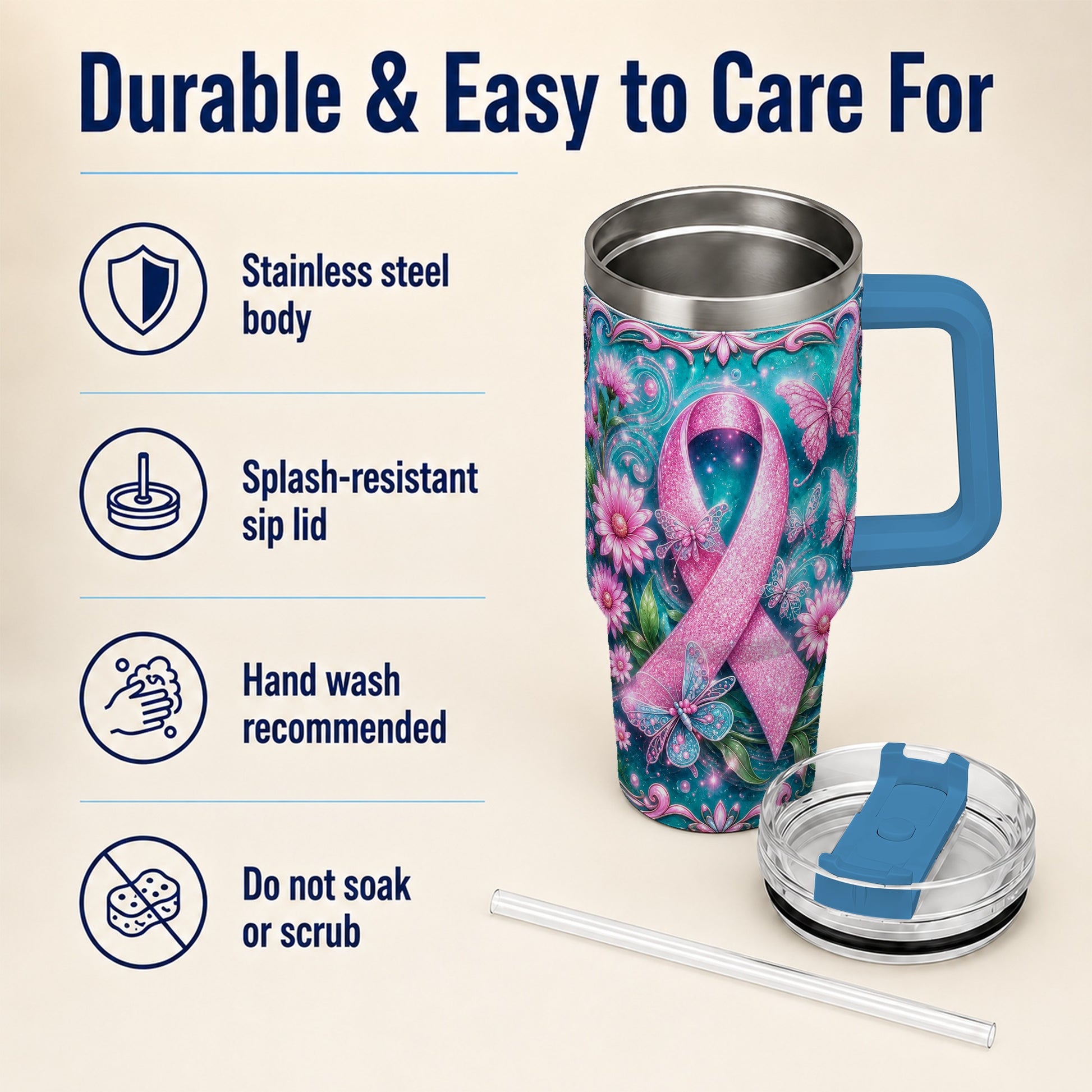 #pl[40oz|Blue] Awareness Ribbon Butterfly 40oz Tumbler with Handle, Stainless Steel Cup