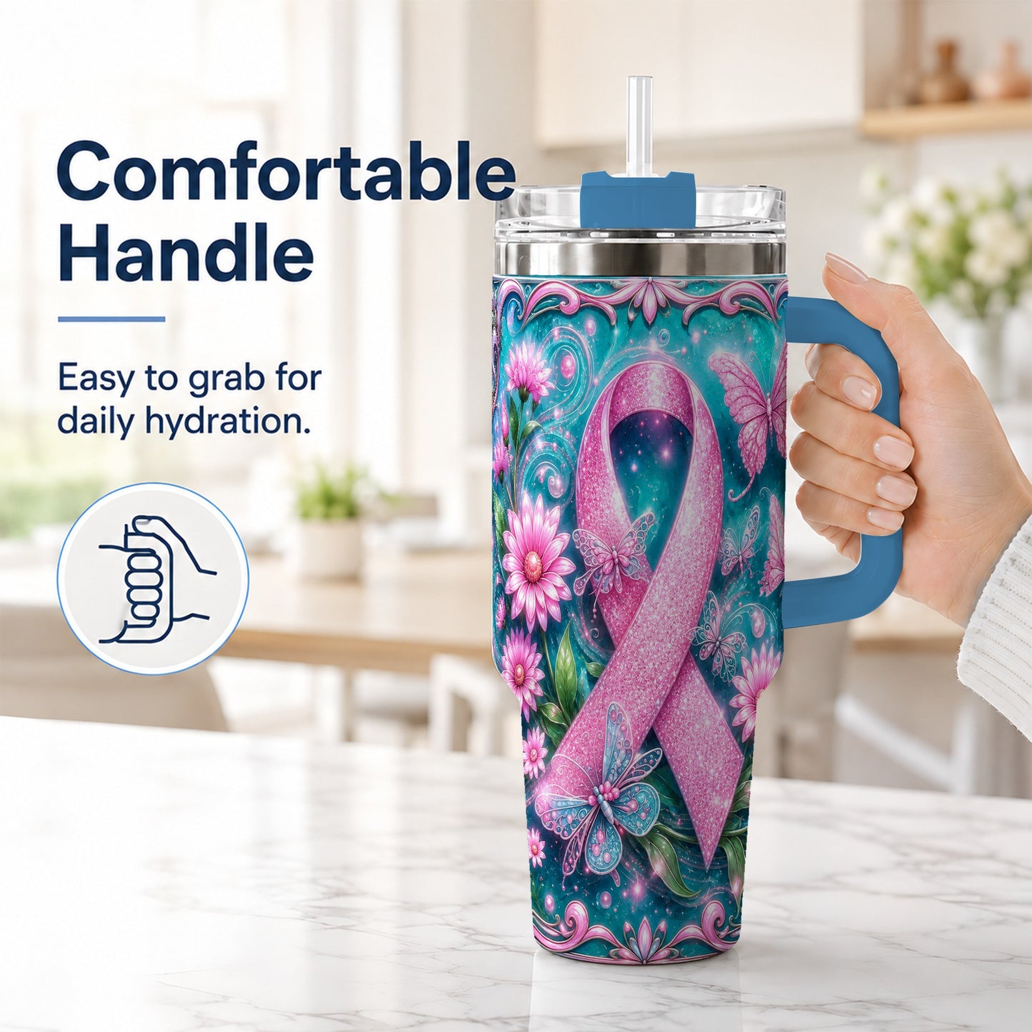 #pl[40oz|Blue] Awareness Ribbon Butterfly 40oz Tumbler with Handle, Stainless Steel Cup