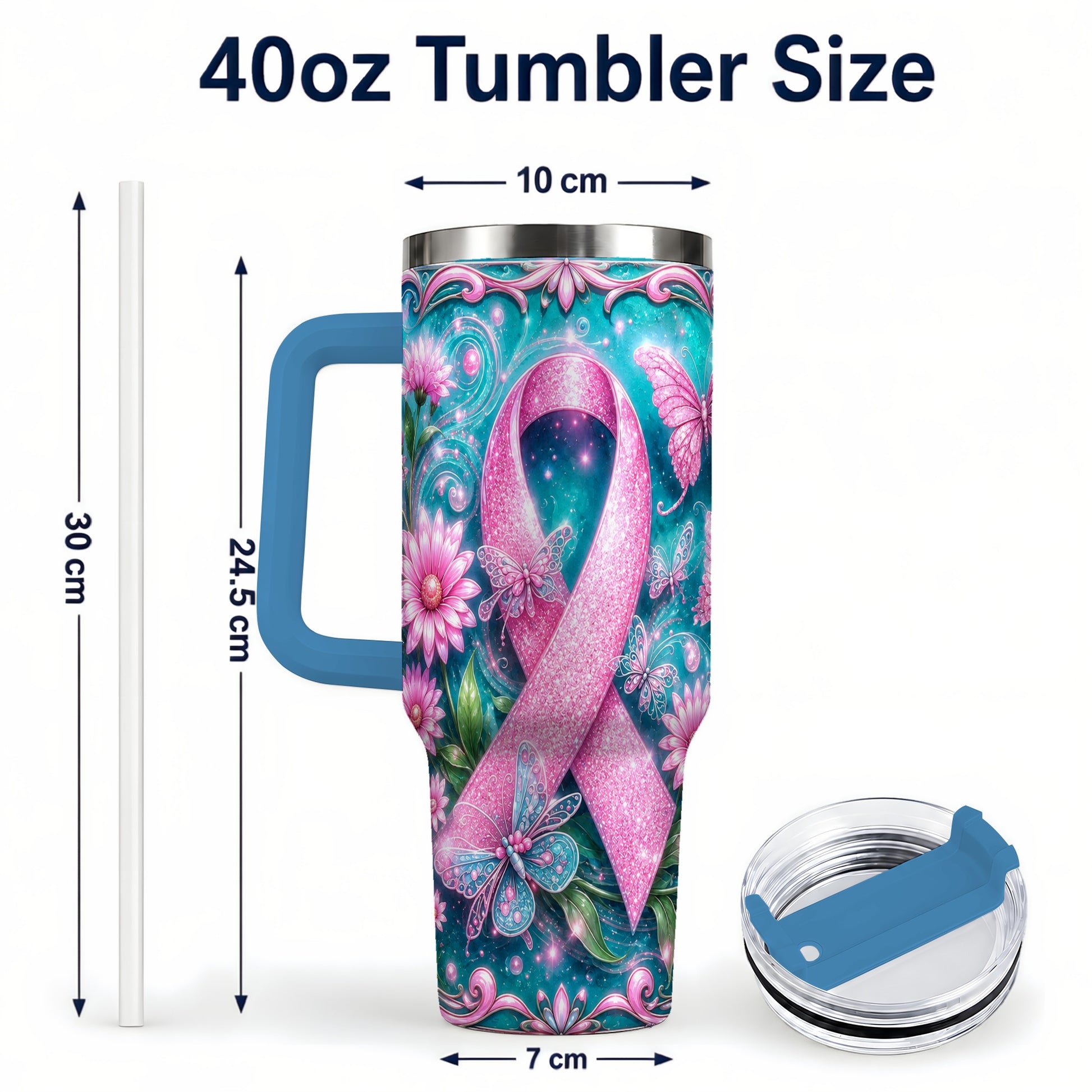 #pl[40oz|Blue] Awareness Ribbon Butterfly 40oz Tumbler with Handle, Stainless Steel Cup