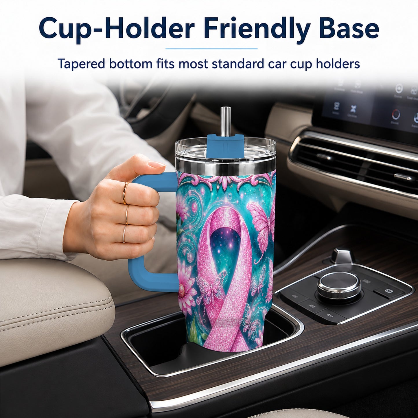 #pl[40oz|Blue] Awareness Ribbon Butterfly 40oz Tumbler with Handle, Stainless Steel Cup