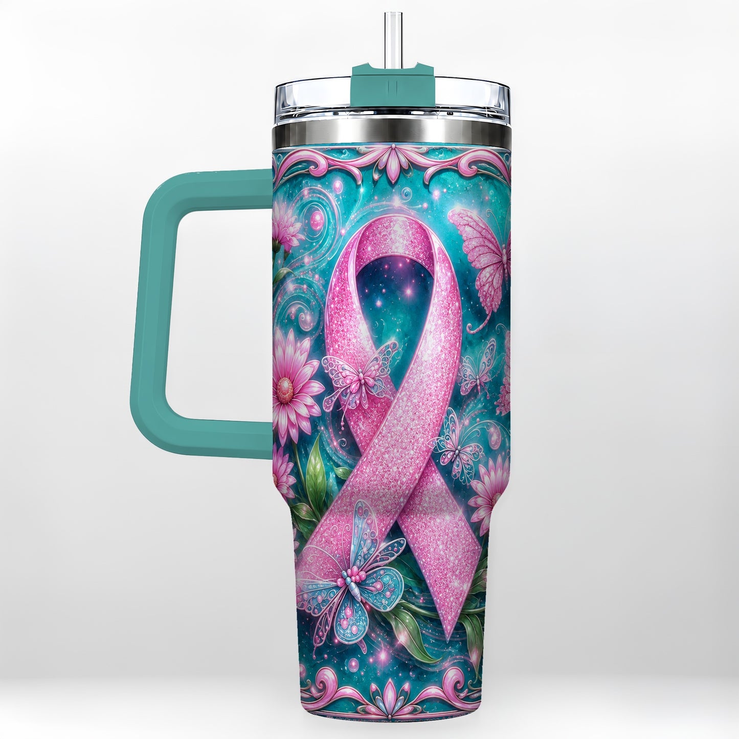 #pl[40oz|Green] Awareness Ribbon Butterfly 40oz Tumbler with Handle, Stainless Steel Cup