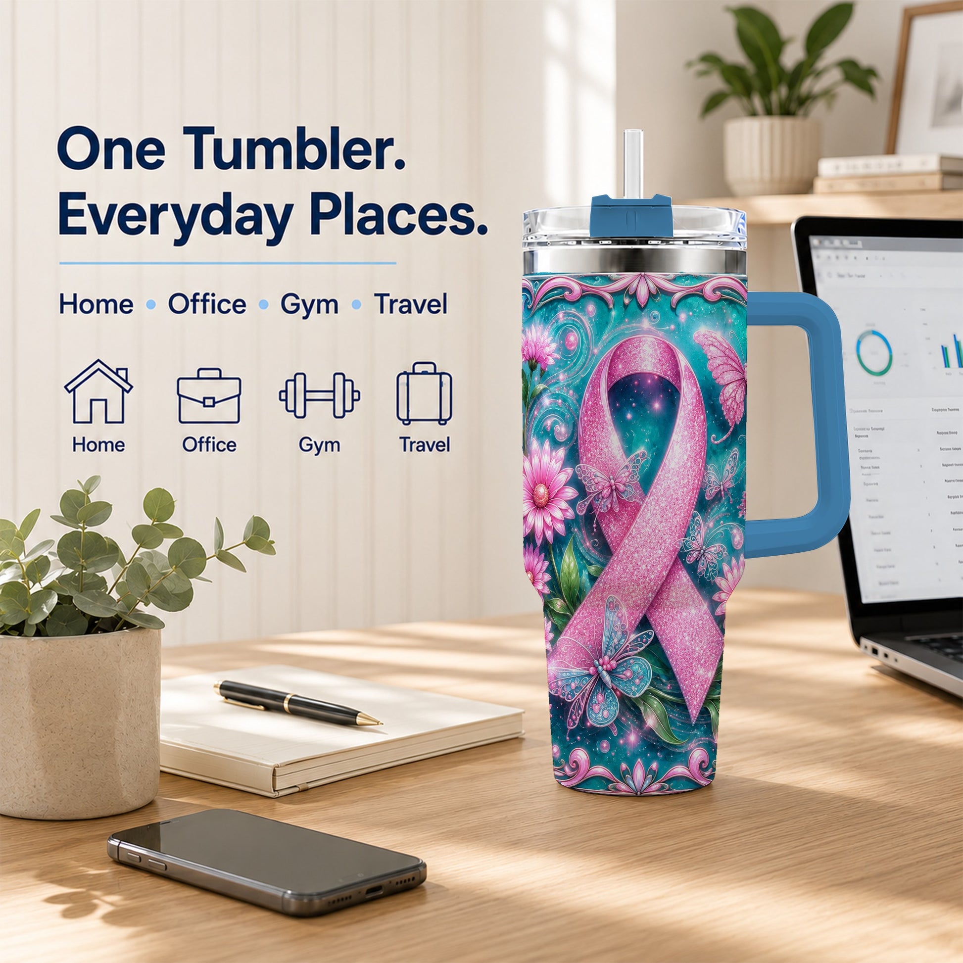 #pl[40oz|Blue] Awareness Ribbon Butterfly 40oz Tumbler with Handle, Stainless Steel Cup