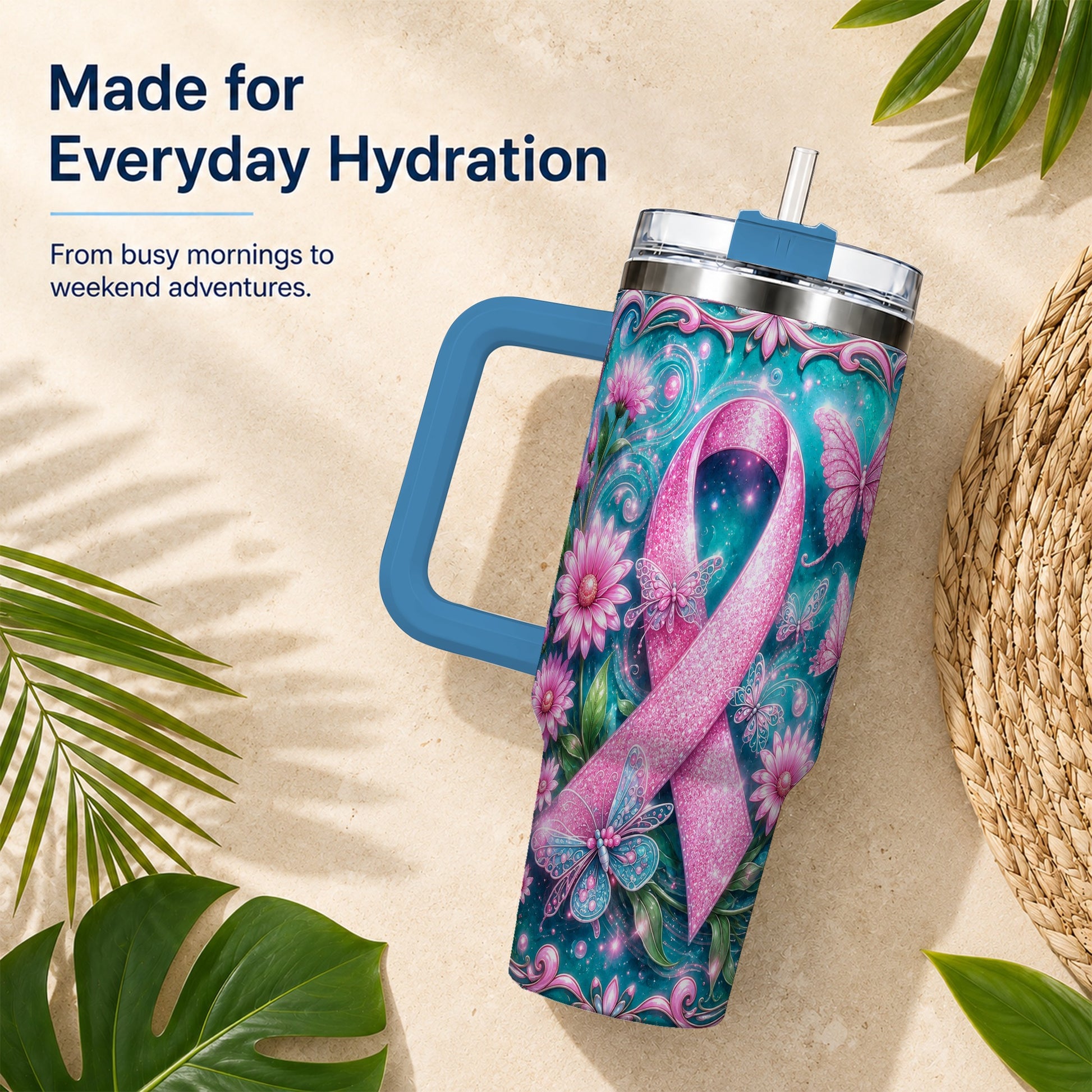 #pl[40oz|Blue] Awareness Ribbon Butterfly 40oz Tumbler with Handle, Stainless Steel Cup