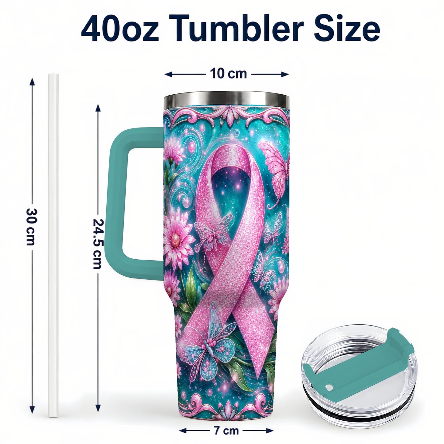 #pl[40oz|Green] Awareness Ribbon Butterfly 40oz Tumbler with Handle, Stainless Steel Cup