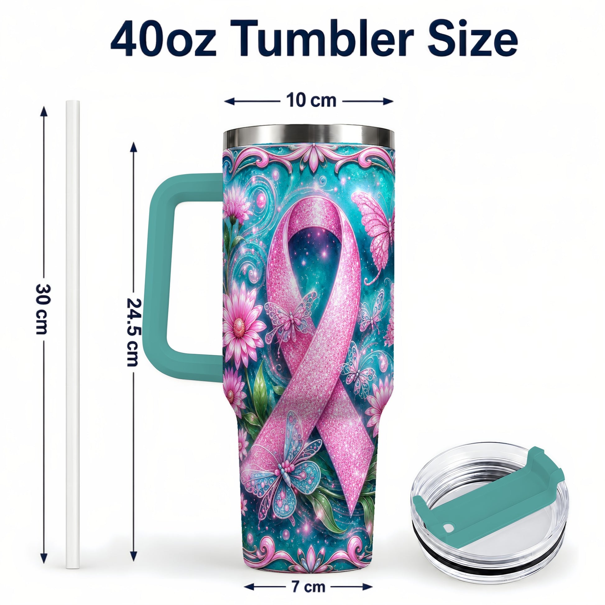 #pl[40oz|Green] Awareness Ribbon Butterfly 40oz Tumbler with Handle, Stainless Steel Cup