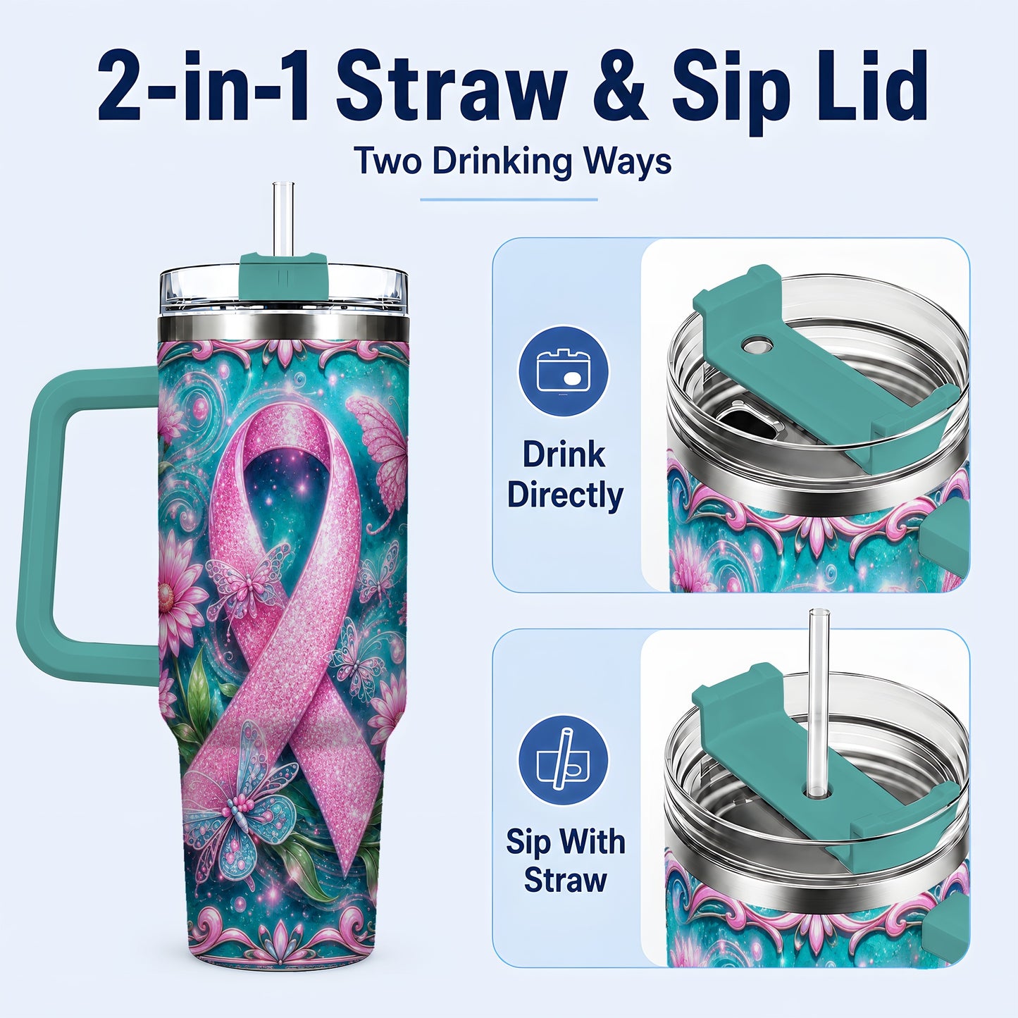 #pl[40oz|Green] Awareness Ribbon Butterfly 40oz Tumbler with Handle, Stainless Steel Cup
