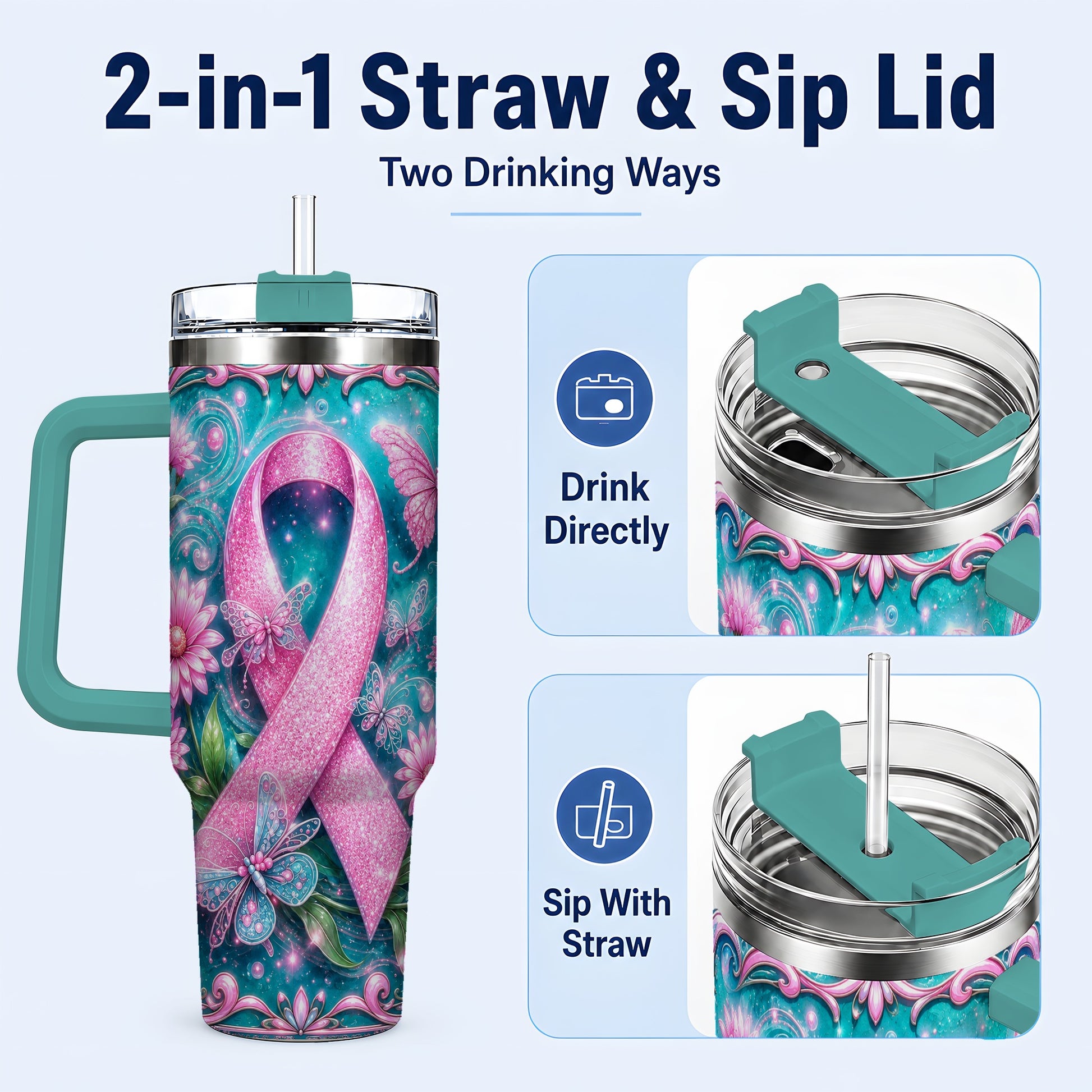 #pl[40oz|Green] Awareness Ribbon Butterfly 40oz Tumbler with Handle, Stainless Steel Cup