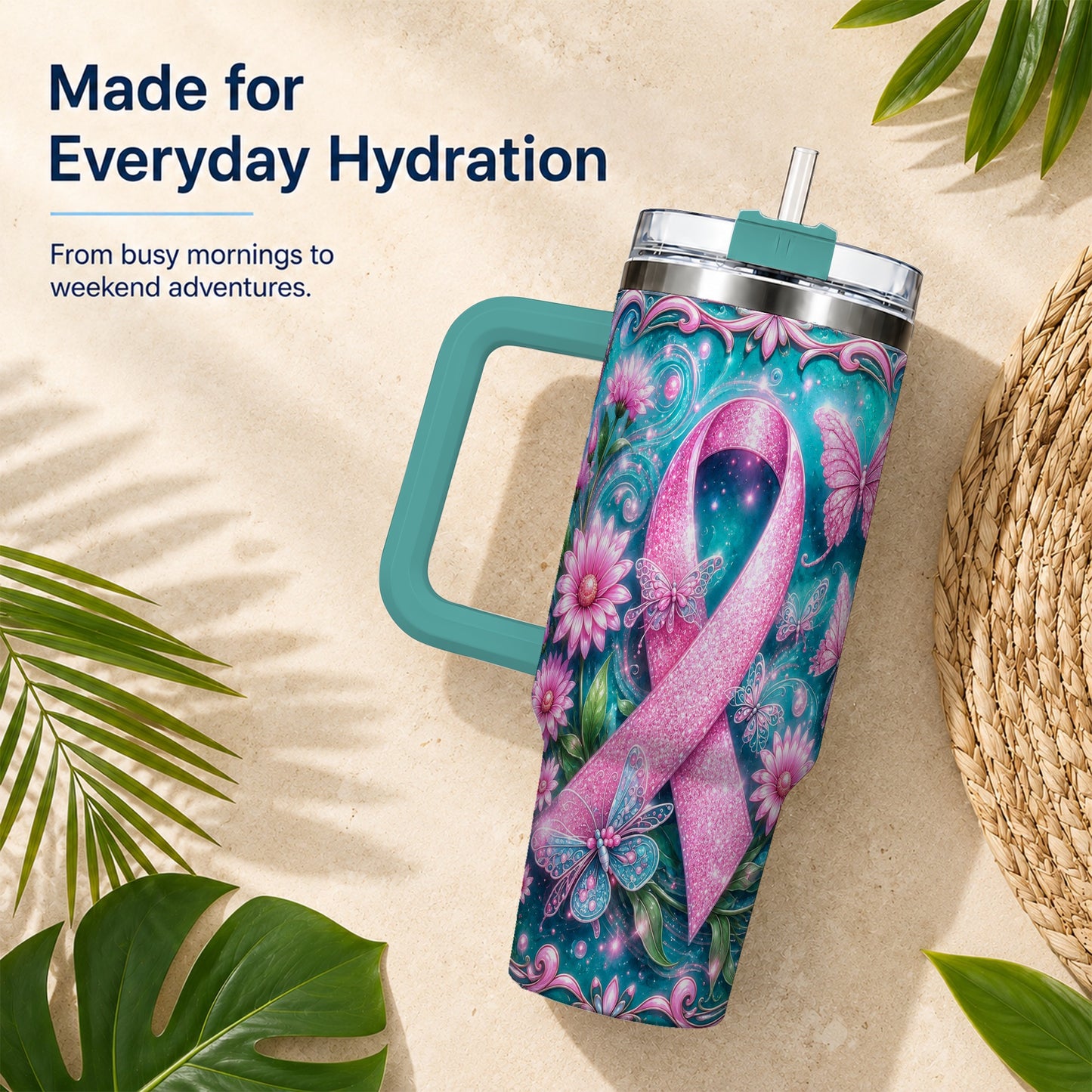 #pl[40oz|Green] Awareness Ribbon Butterfly 40oz Tumbler with Handle, Stainless Steel Cup