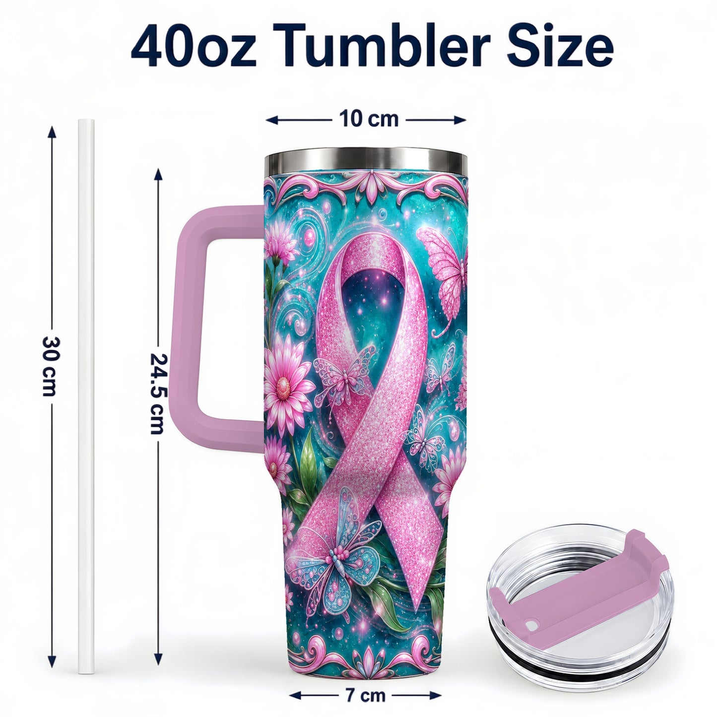 #pl[40oz|Pink] Awareness Ribbon Butterfly 40oz Tumbler with Handle, Stainless Steel Cup