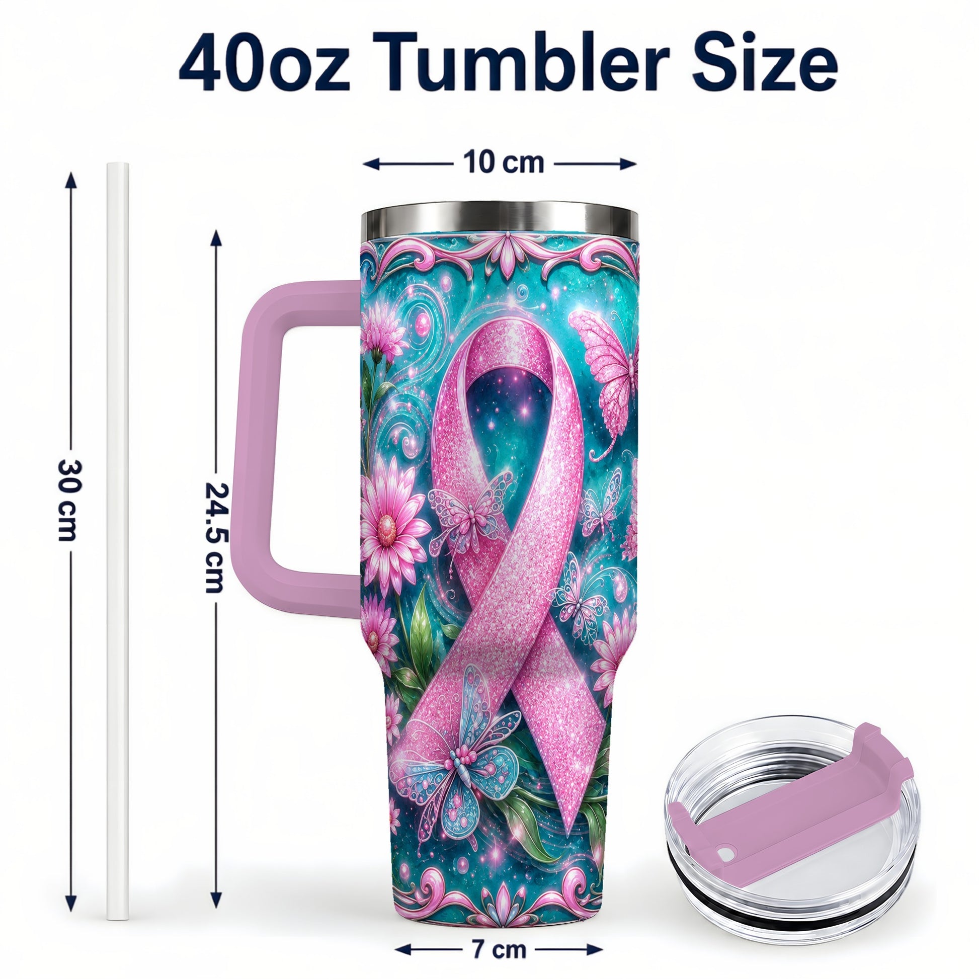 #pl[40oz|Pink] Awareness Ribbon Butterfly 40oz Tumbler with Handle, Stainless Steel Cup