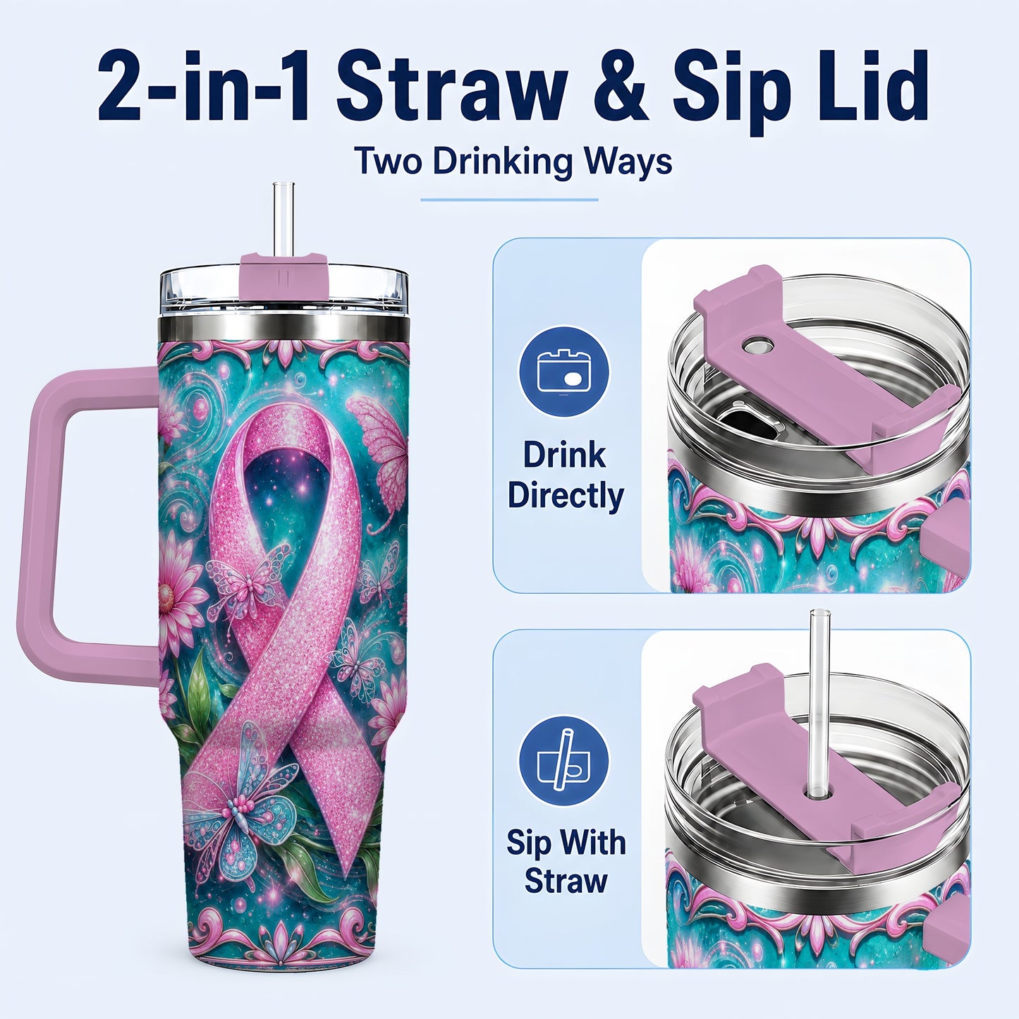 #pl[40oz|Pink] Awareness Ribbon Butterfly 40oz Tumbler with Handle, Stainless Steel Cup